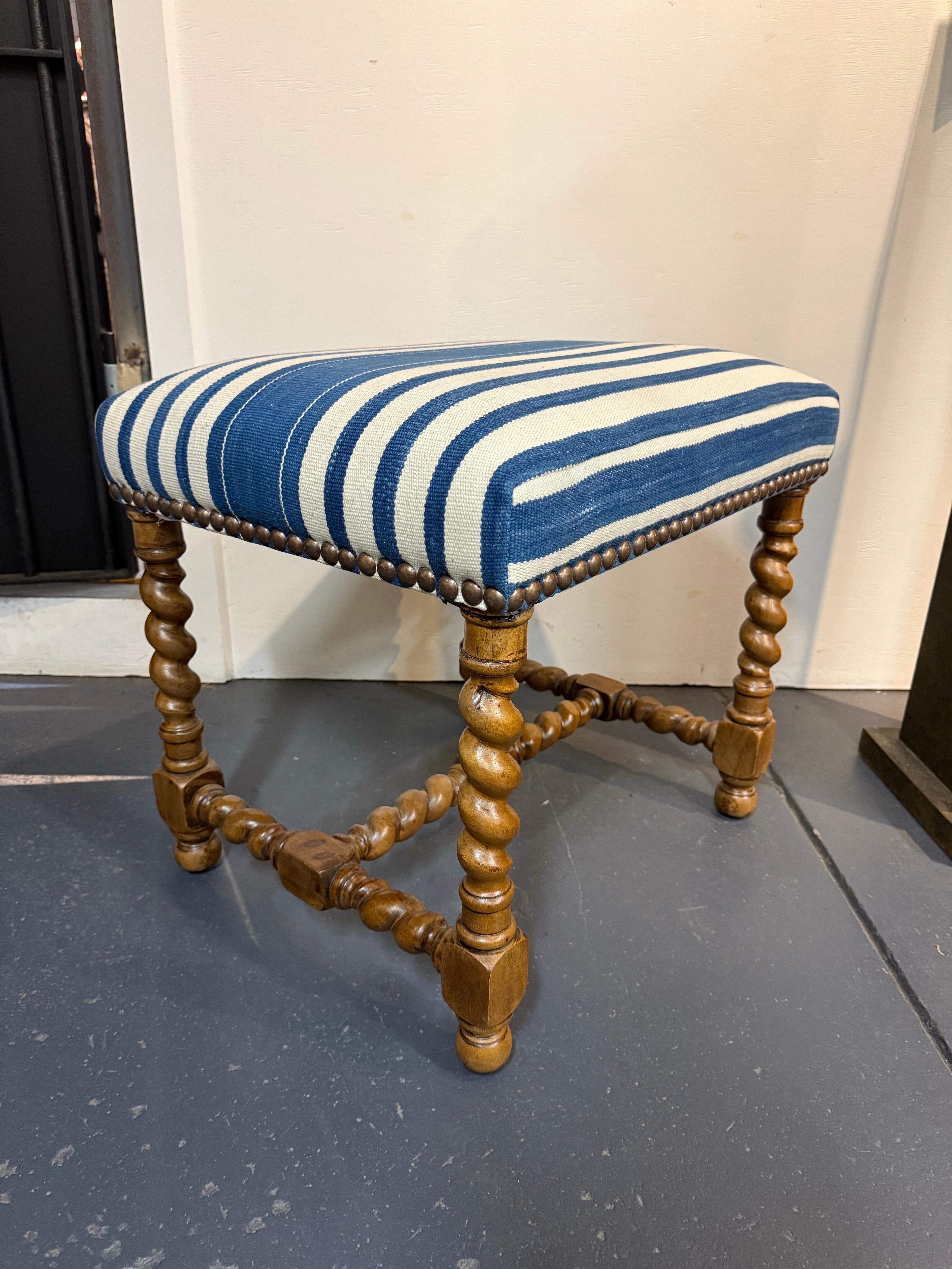 Contemporary A Charles II Style Stool Upholstered with Blue and White Fabric For Sale