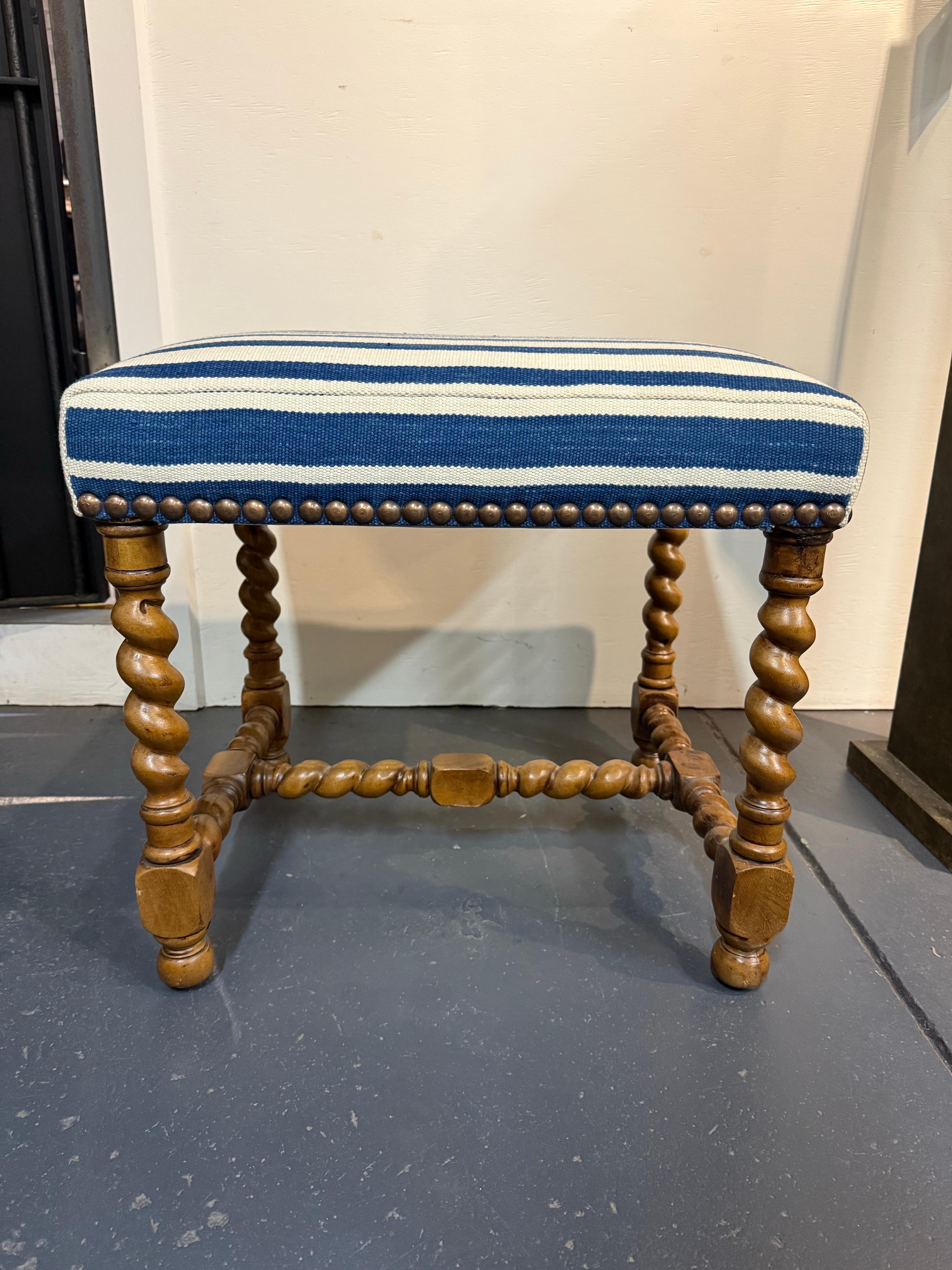 A Charles II Style Stool Upholstered with Blue and White Fabric For Sale 1