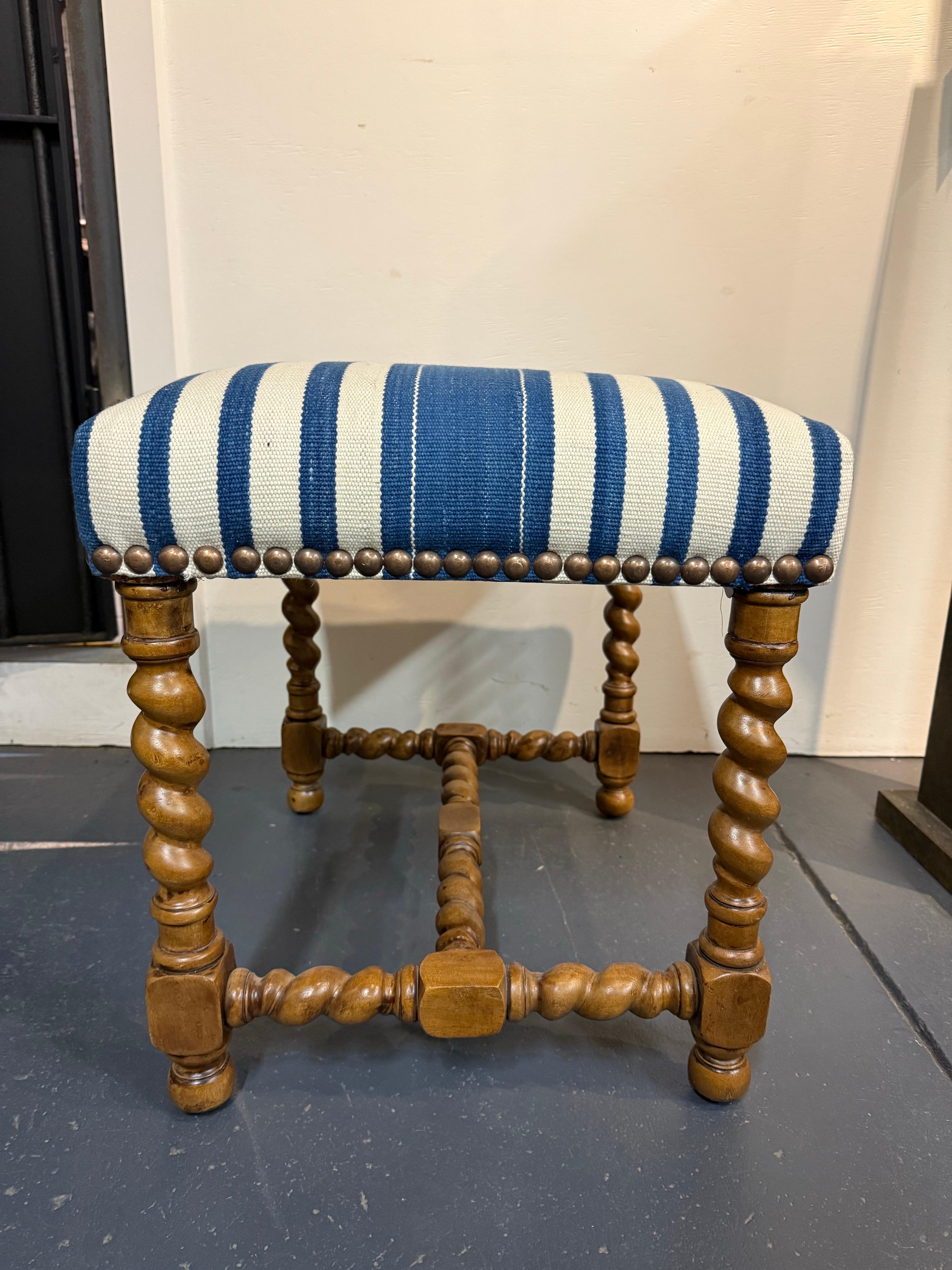 A Charles II Style Stool Upholstered with Blue and White Fabric For Sale 3