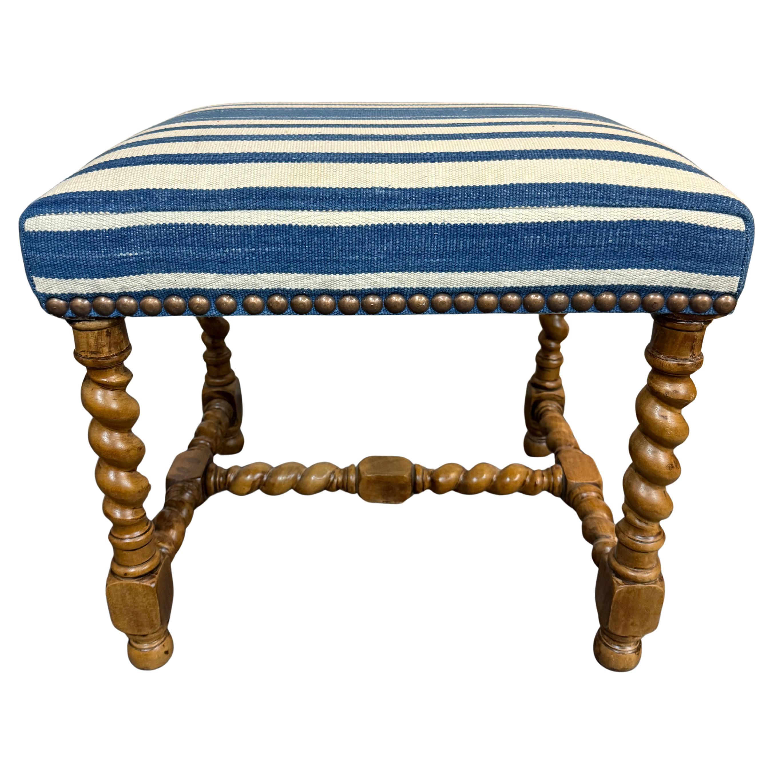 A Charles II Style Stool Upholstered with Blue and White Fabric For Sale