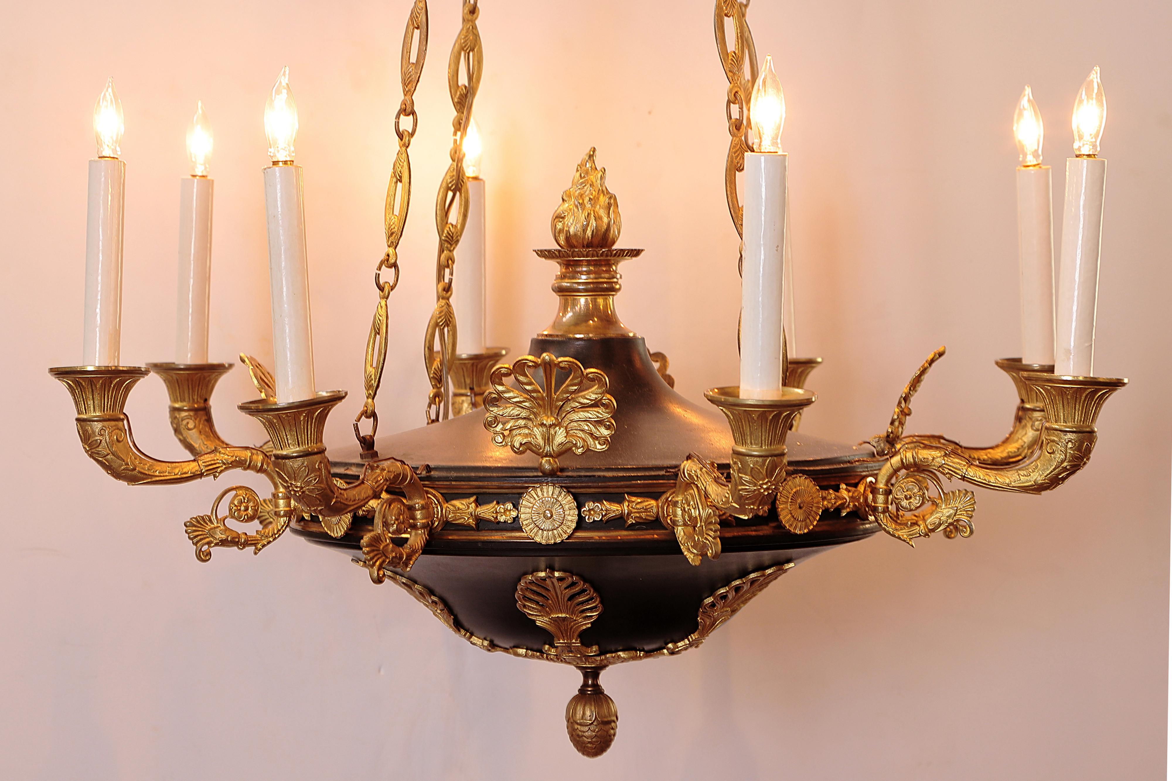 Empire Charles X Gilt and Patinated Bronze Eight-Light Chandelier