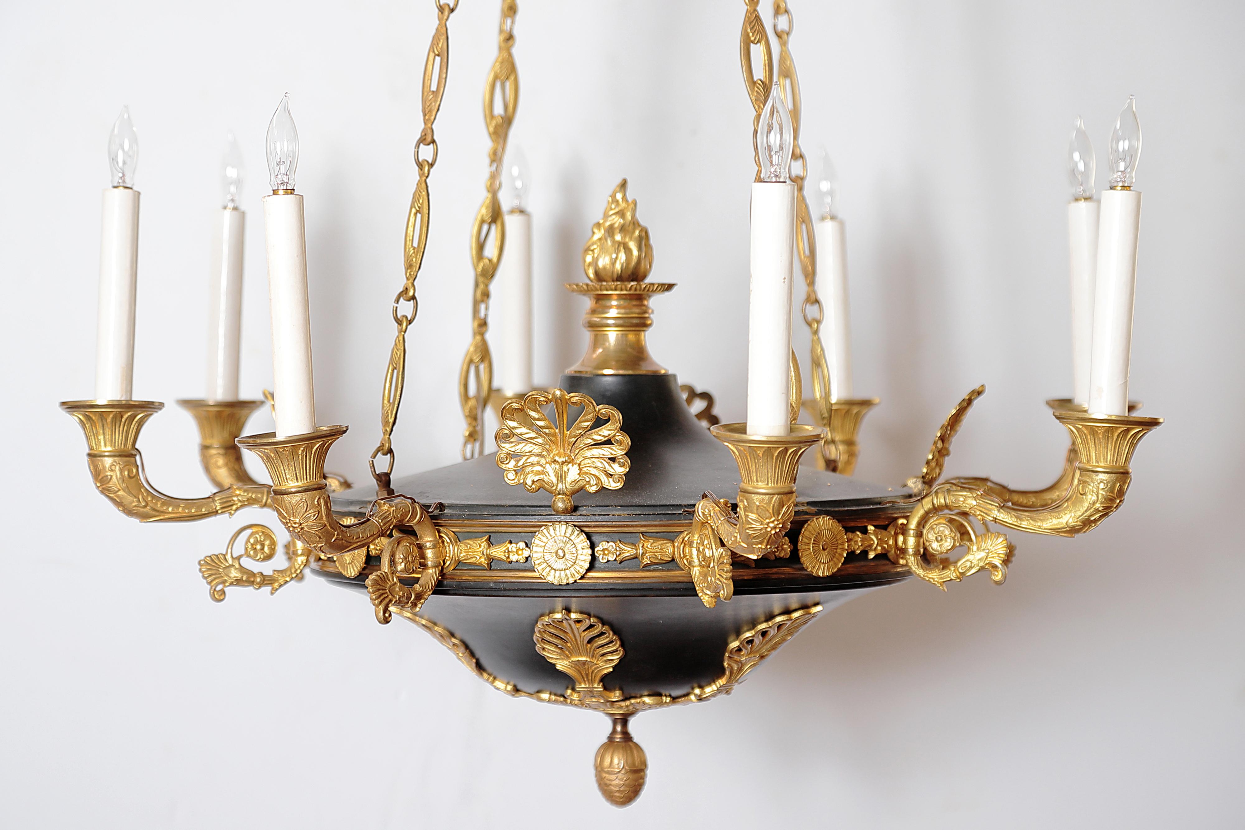 French Charles X Gilt and Patinated Bronze Eight-Light Chandelier