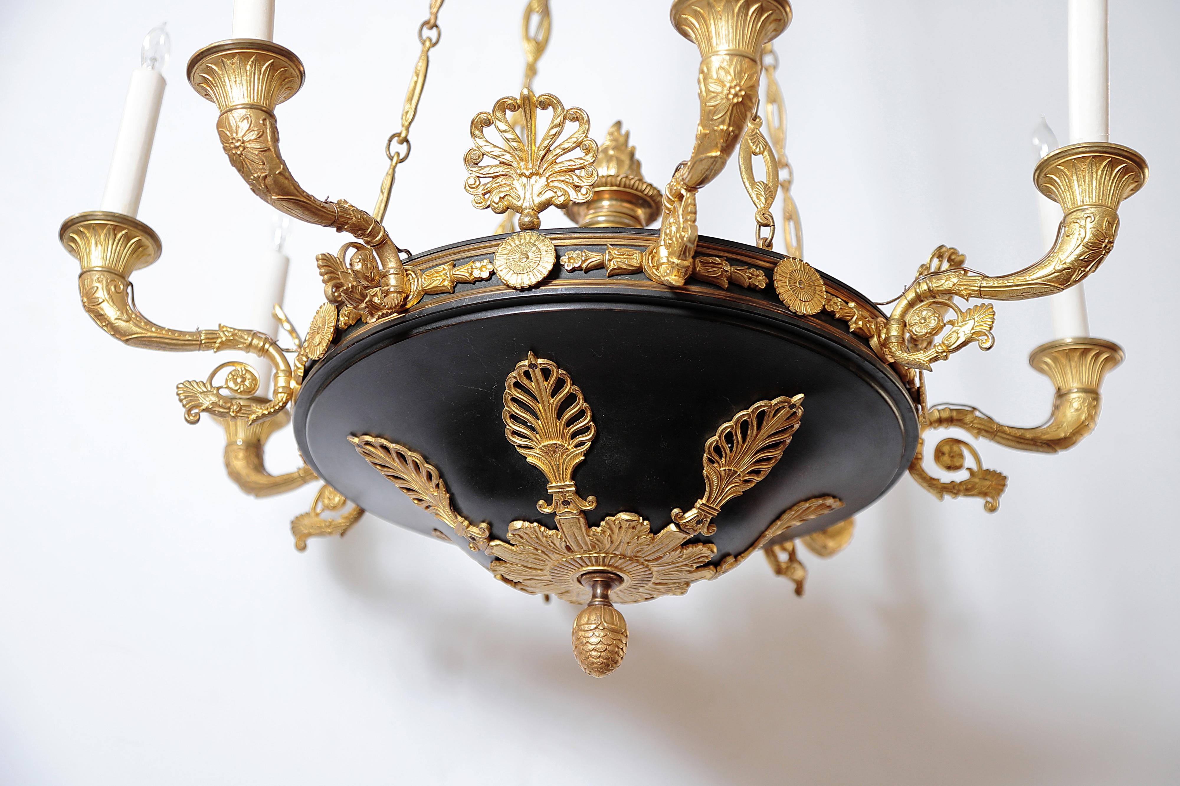 Ebonized Charles X Gilt and Patinated Bronze Eight-Light Chandelier