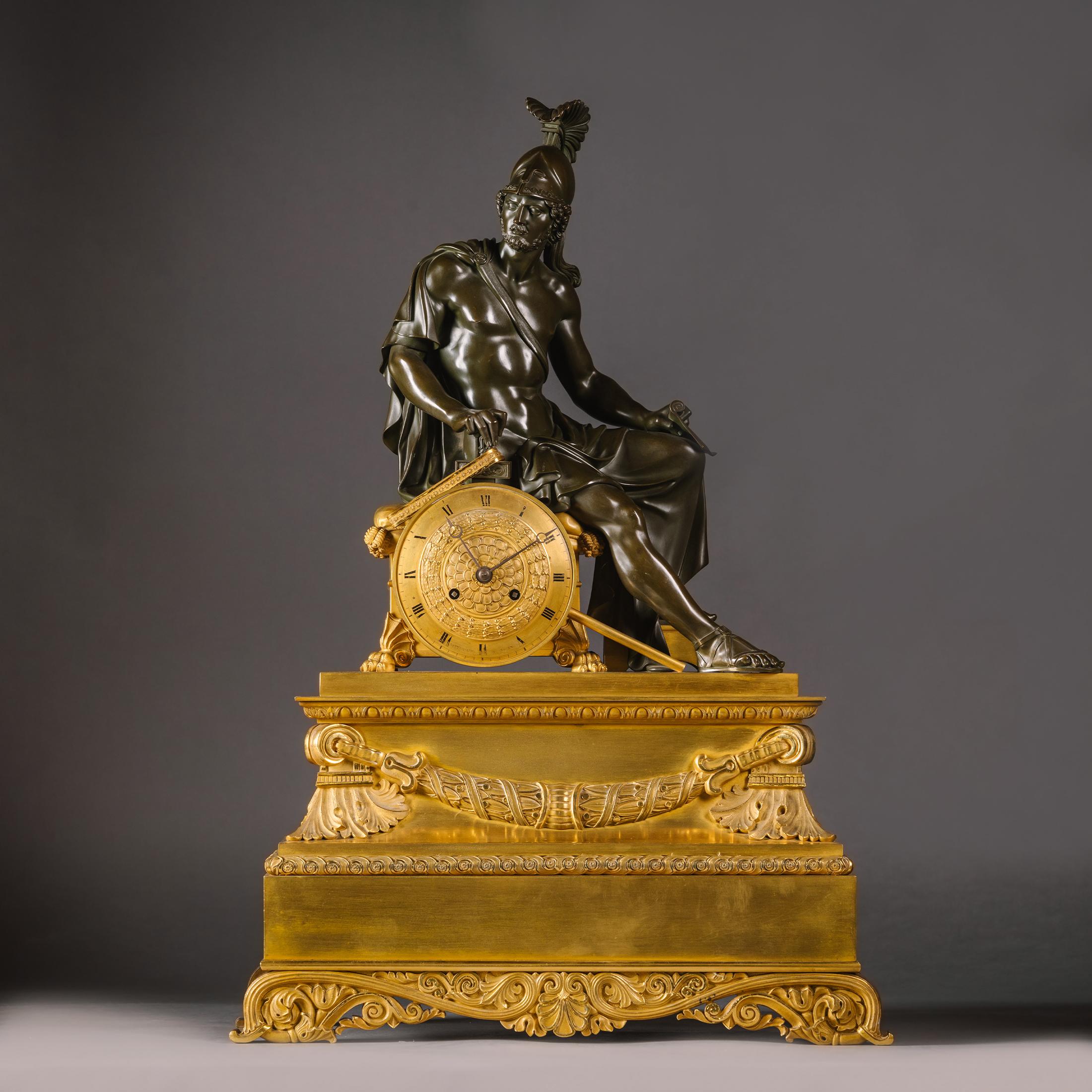 French Charles X Gilt and Patinated Bronze Figural Mantel Clock For Sale