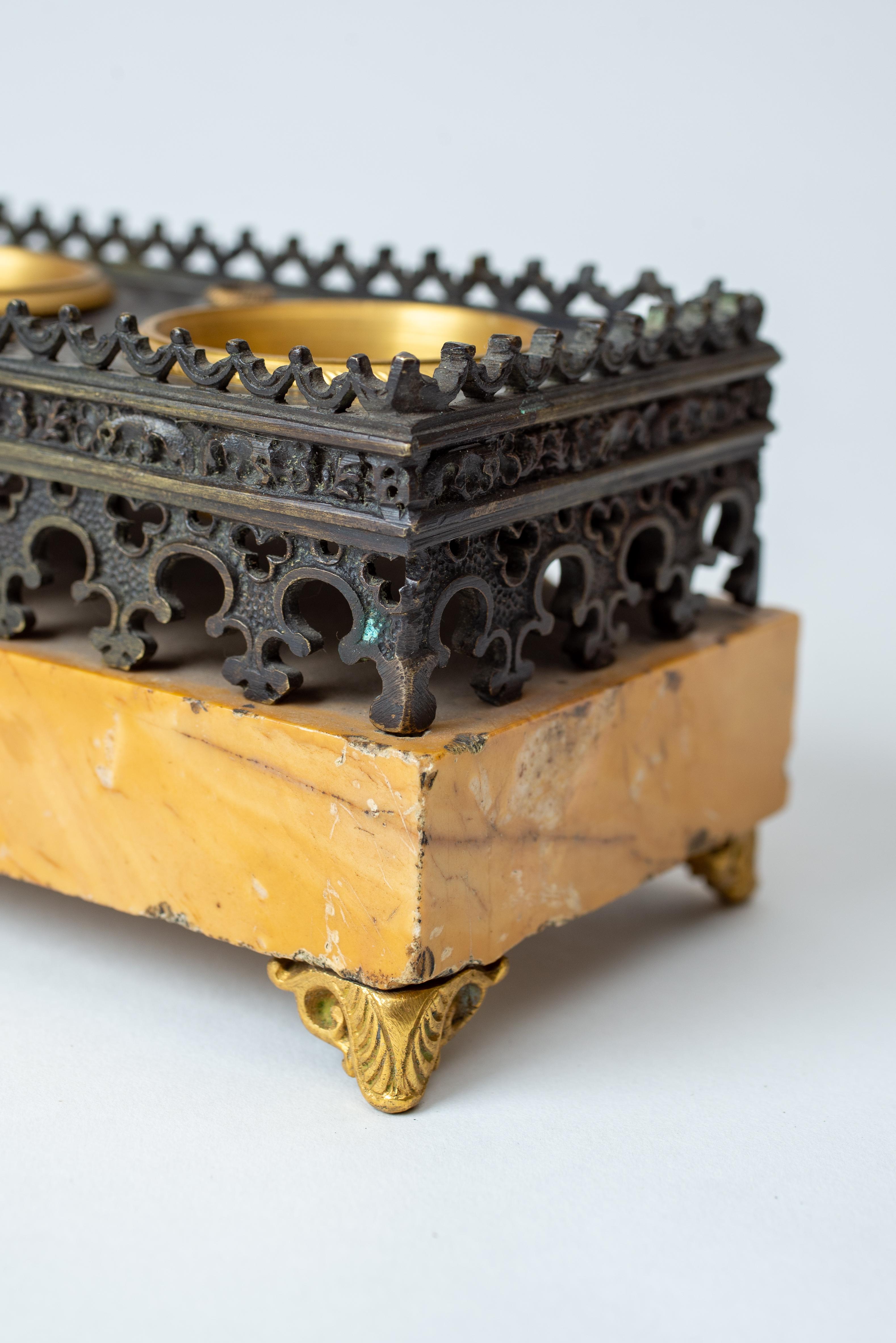 French Charles X Gothic Revival Gilt and Patinated Bronze and Siena Marble Inkwell For Sale