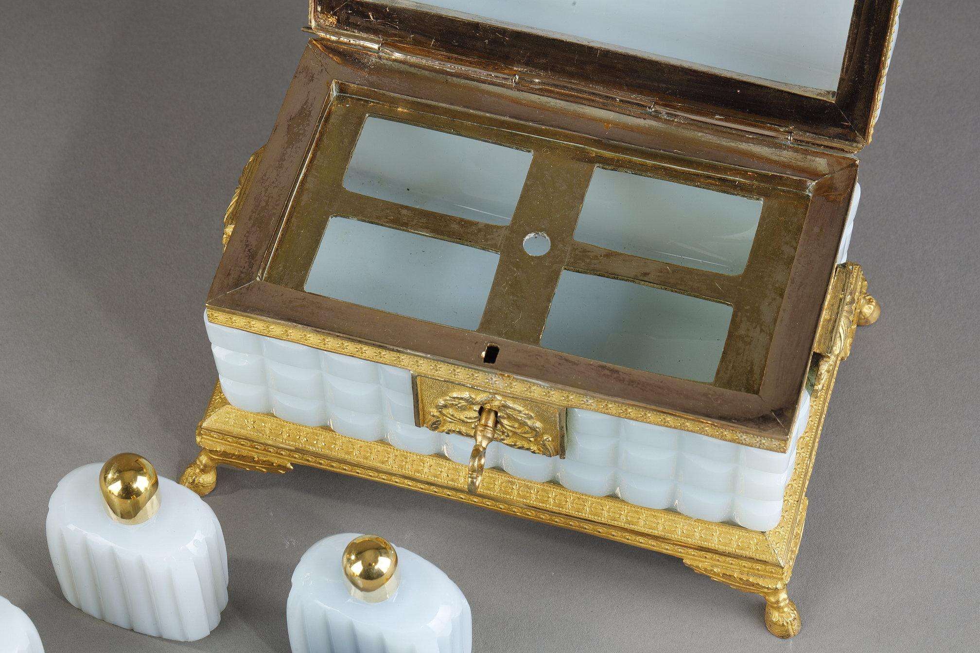A Charles X opaline casket with its perfume bottles For Sale 6