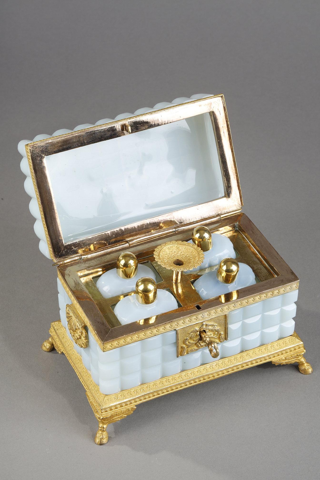 Bronze A Charles X opaline casket with its perfume bottles For Sale