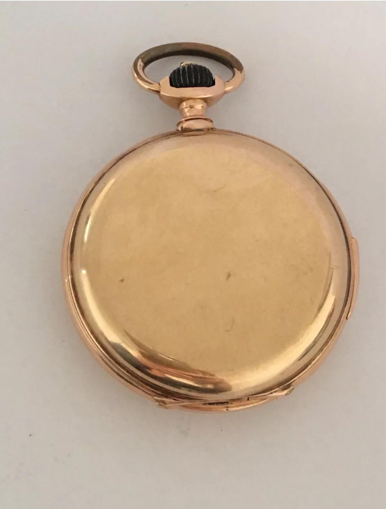 14K Gold Full hunter LeCoultre & Co Minute Repeater Antique pocket watch.

A lovely 14- karat Gold minute repeating antique pocket watch. In excellent working condition. A clean white enamel face with Arabic numerals and sub-seconds outer minutes, a