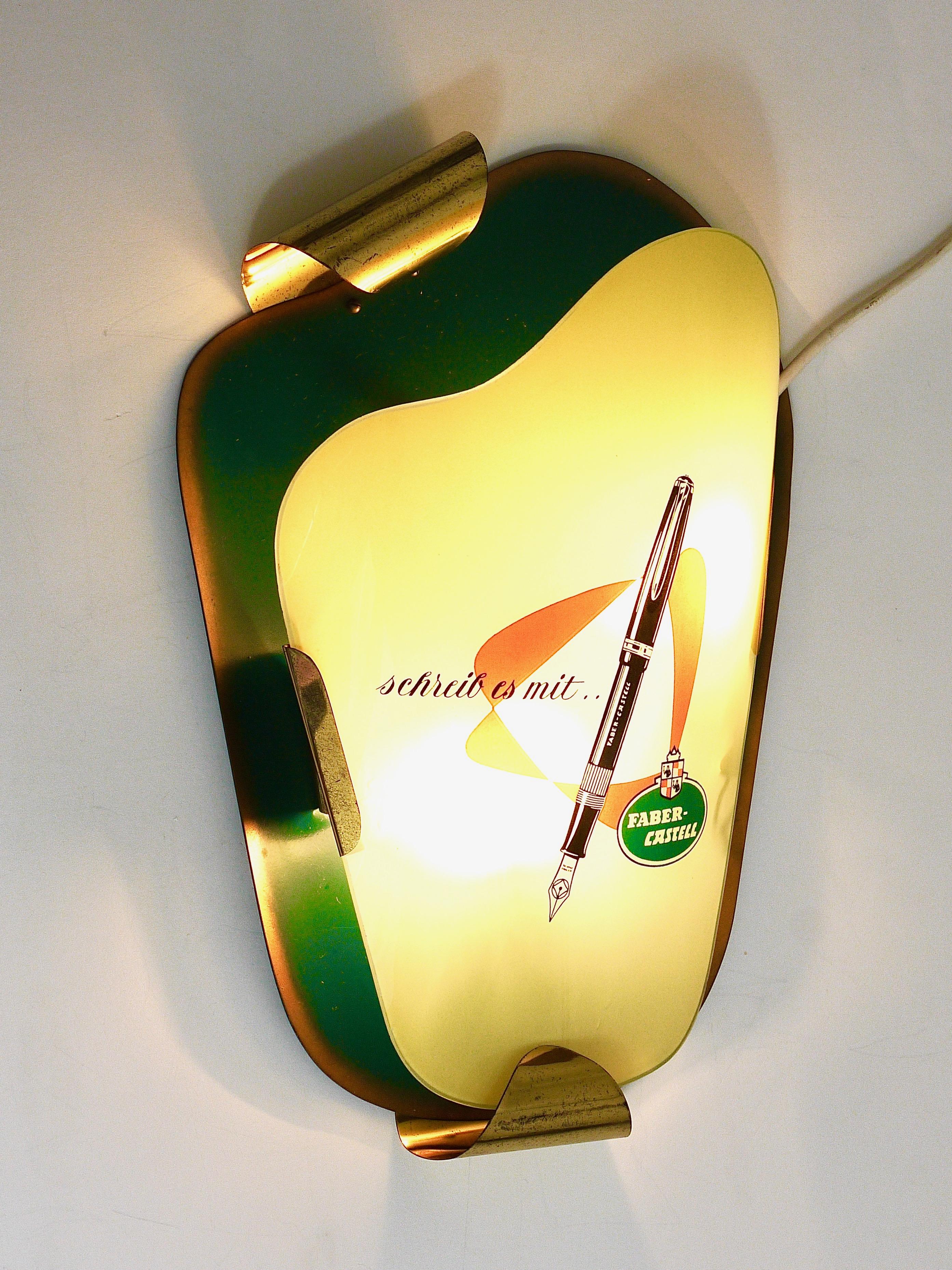 Charming 1950s Faber-Castell Green Brass Wall Lamp Advertising Sign Sconce 3