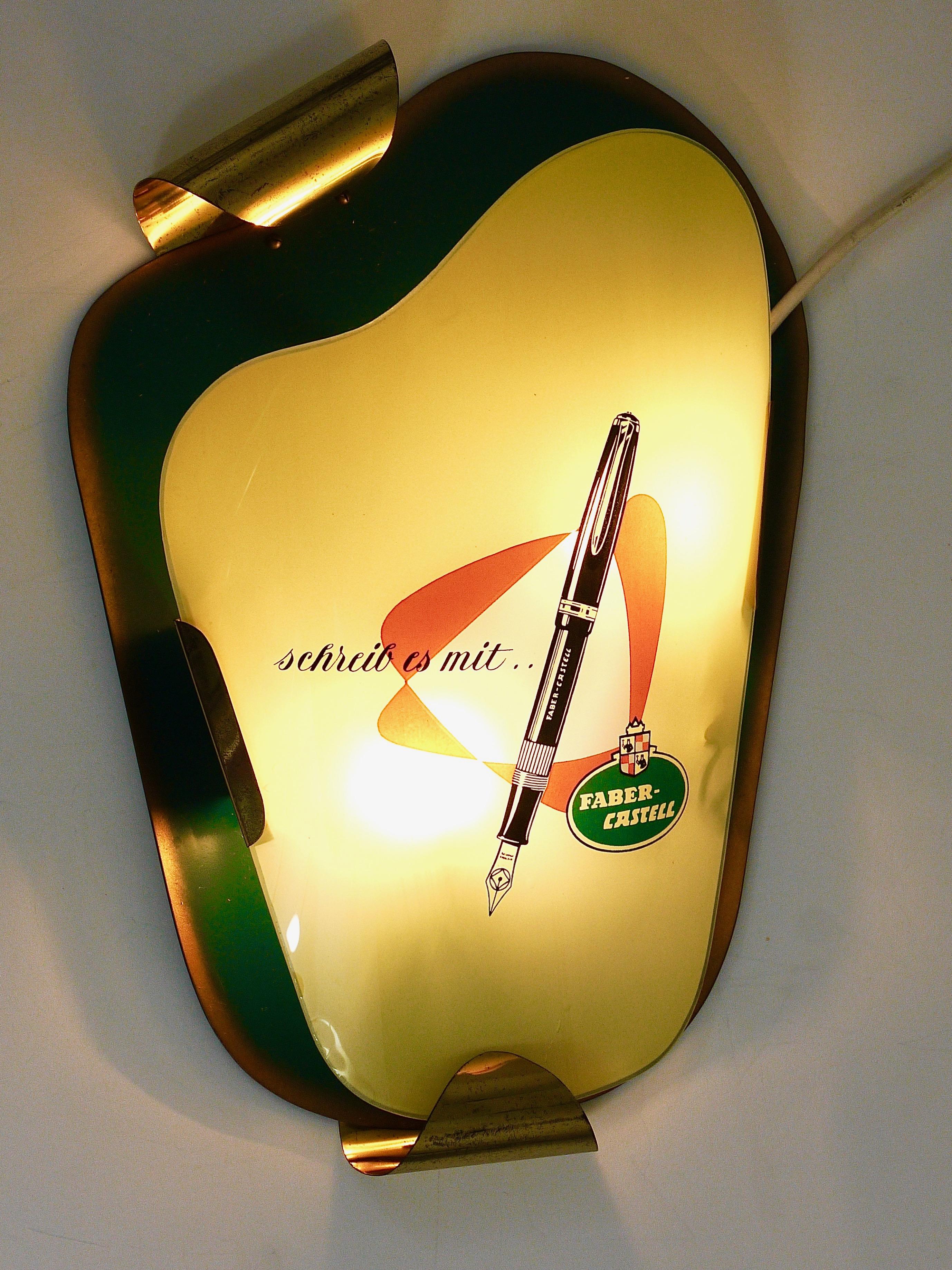 Charming 1950s Faber-Castell Green Brass Wall Lamp Advertising Sign Sconce In Good Condition In Vienna, AT