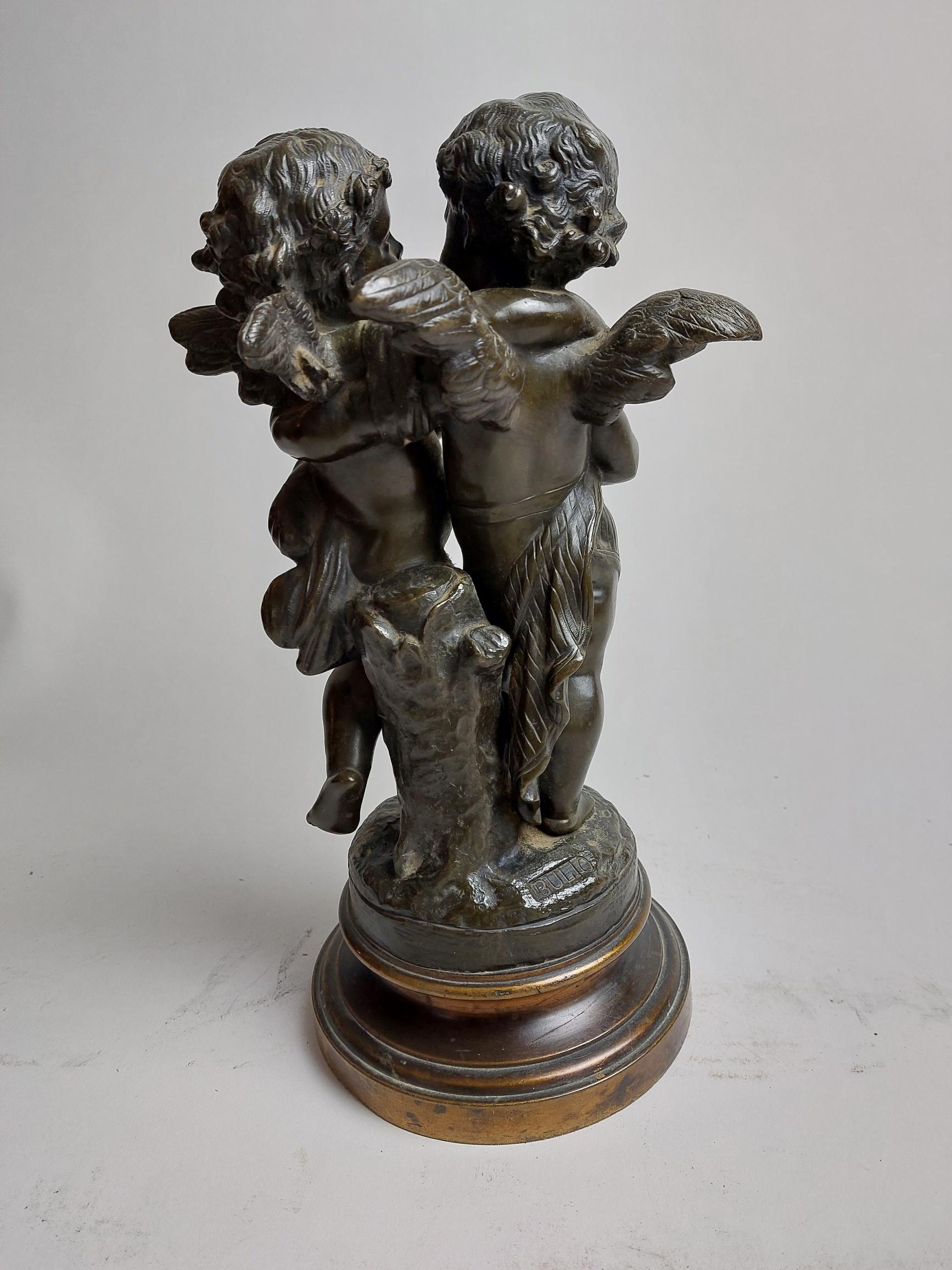 Baroque Revival Charming 19th Century Bronze of Boy and Girl Winged Cherubs Signed Bulio For Sale