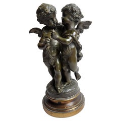 Charming 19th Century Bronze of Boy and Girl Winged Cherubs Signed Bulio