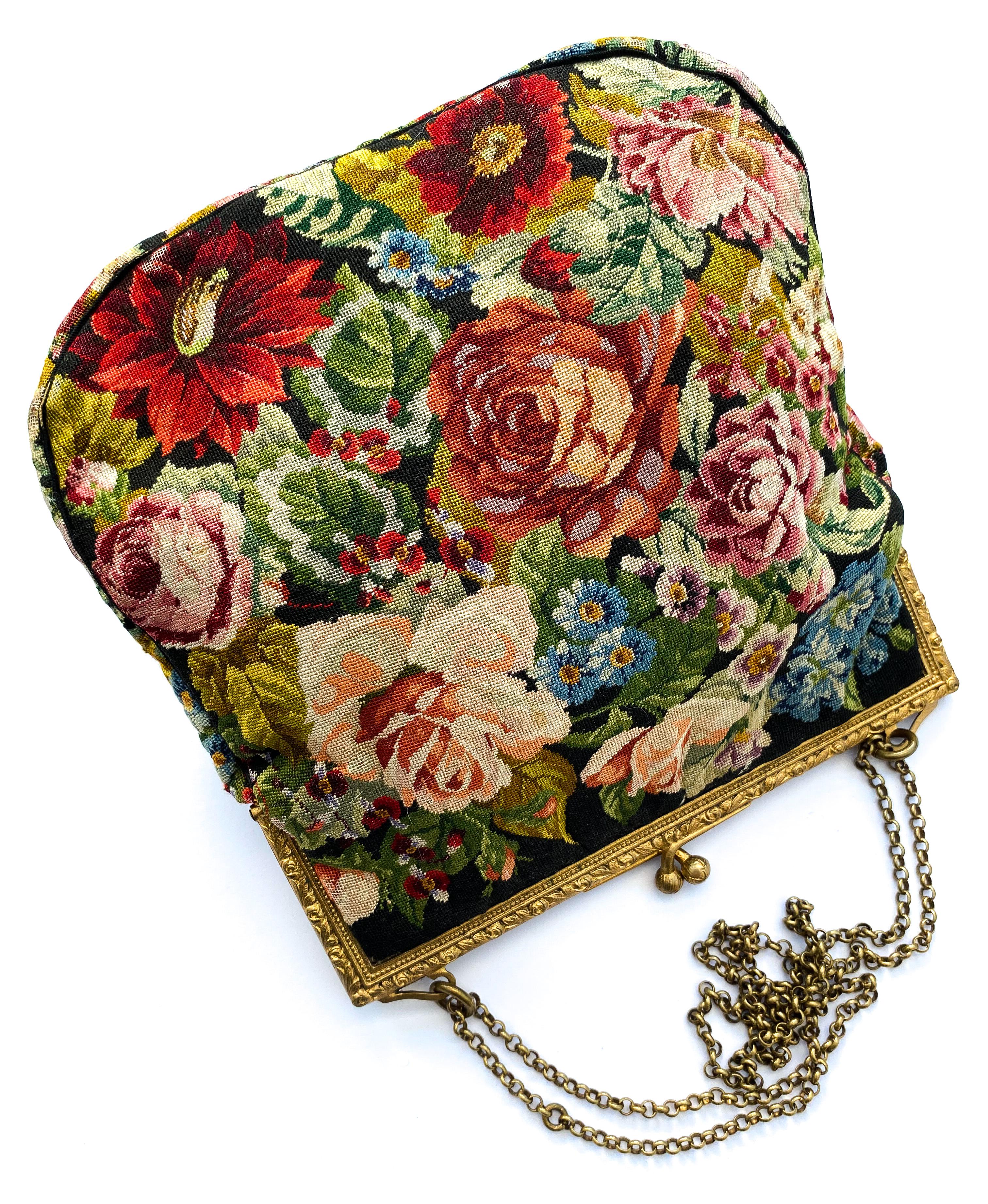 A charming fine petit point handbag, with a 'rose/floral' design, French, 1920s. In Excellent Condition For Sale In Greyabbey, County Down