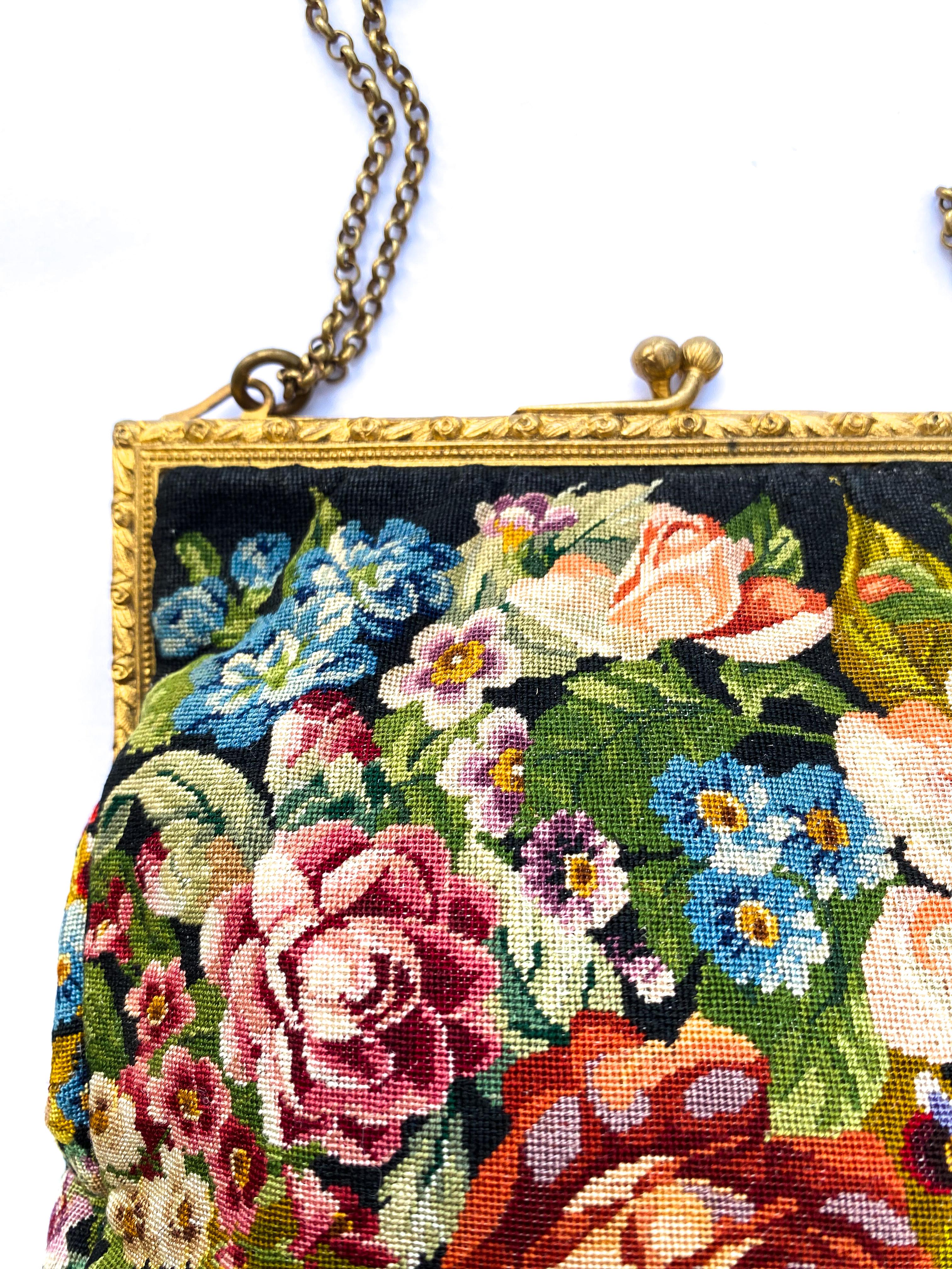 A charming fine petit point handbag, with a 'rose/floral' design, French, 1920s. For Sale 1