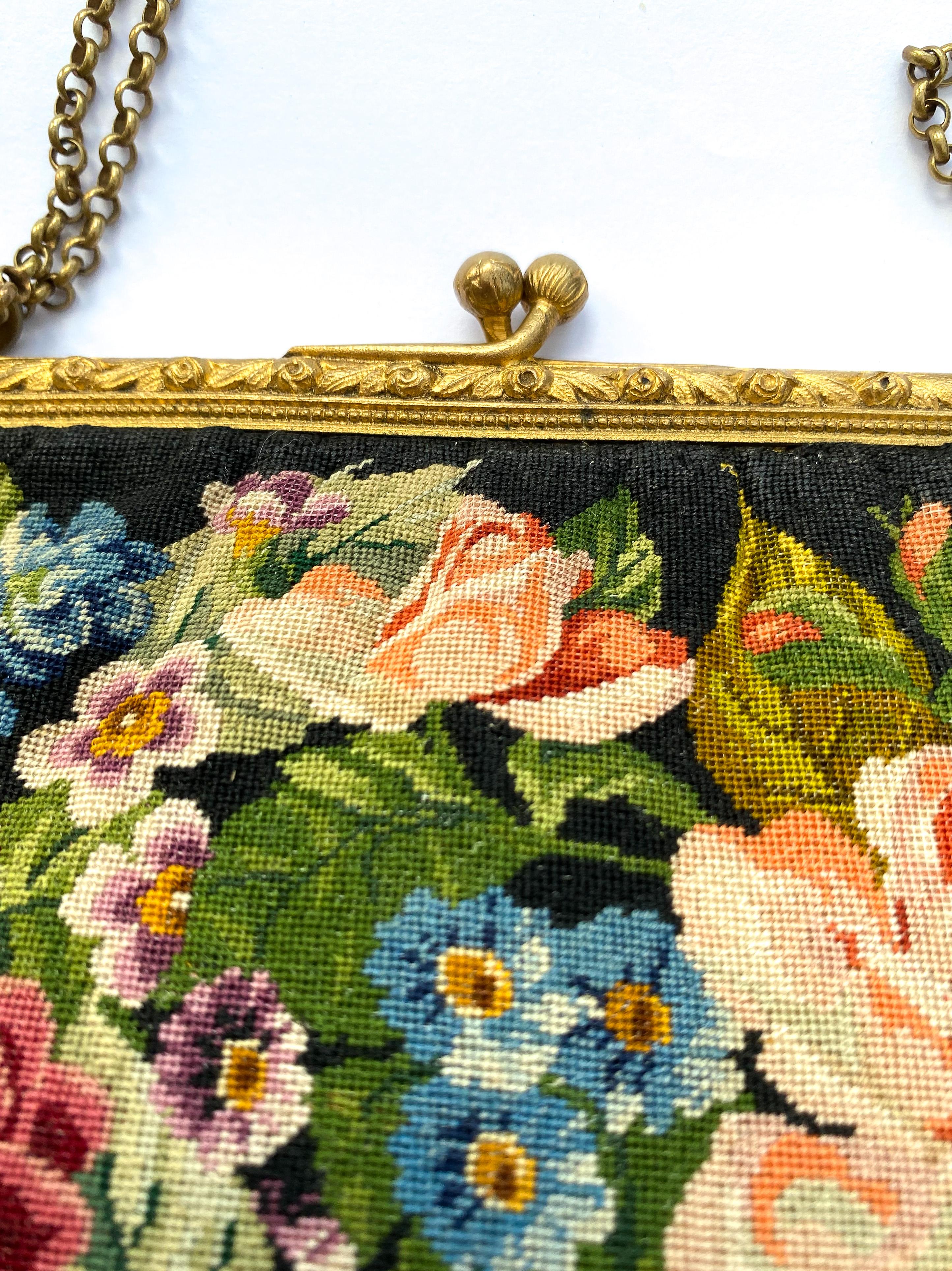 A charming fine petit point handbag, with a 'rose/floral' design, French, 1920s. For Sale 2