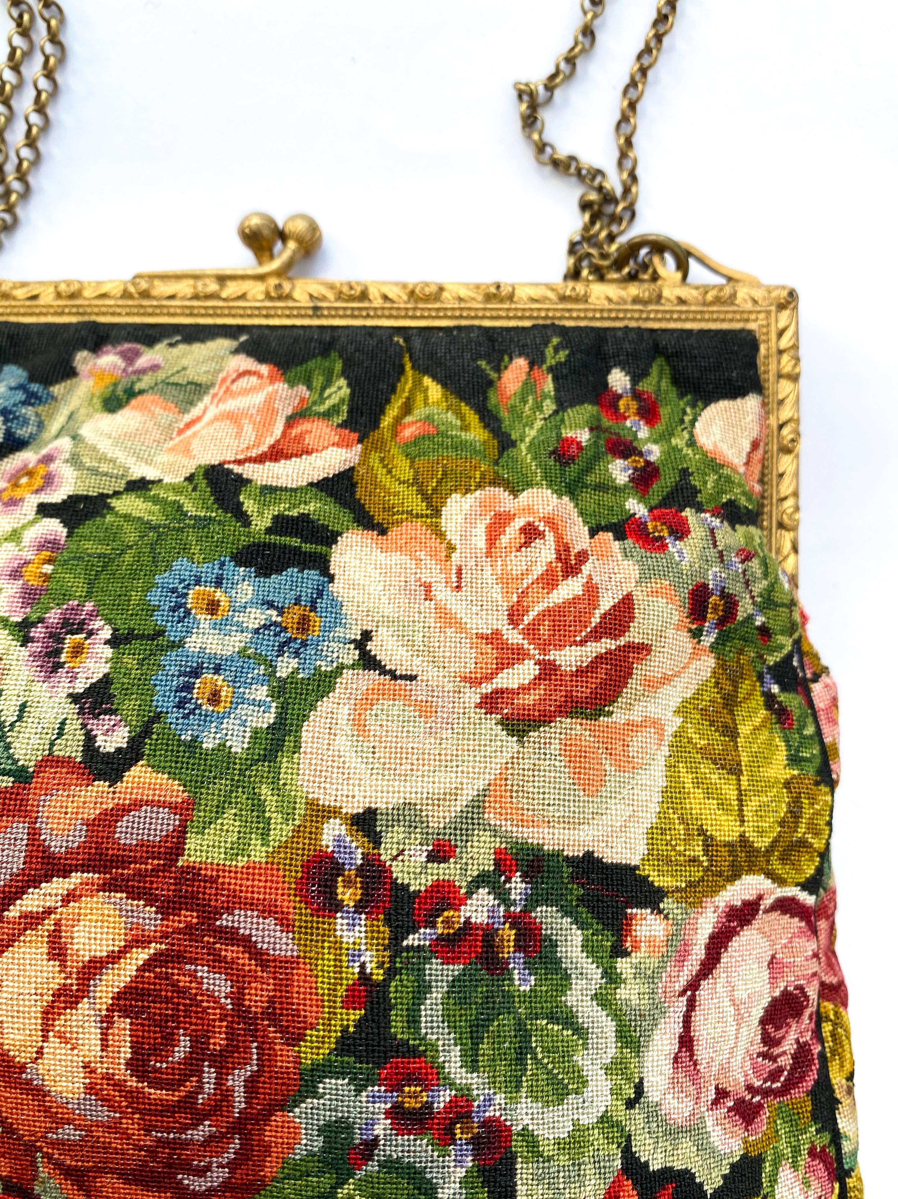 A charming fine petit point handbag, with a 'rose/floral' design, French, 1920s. For Sale 3