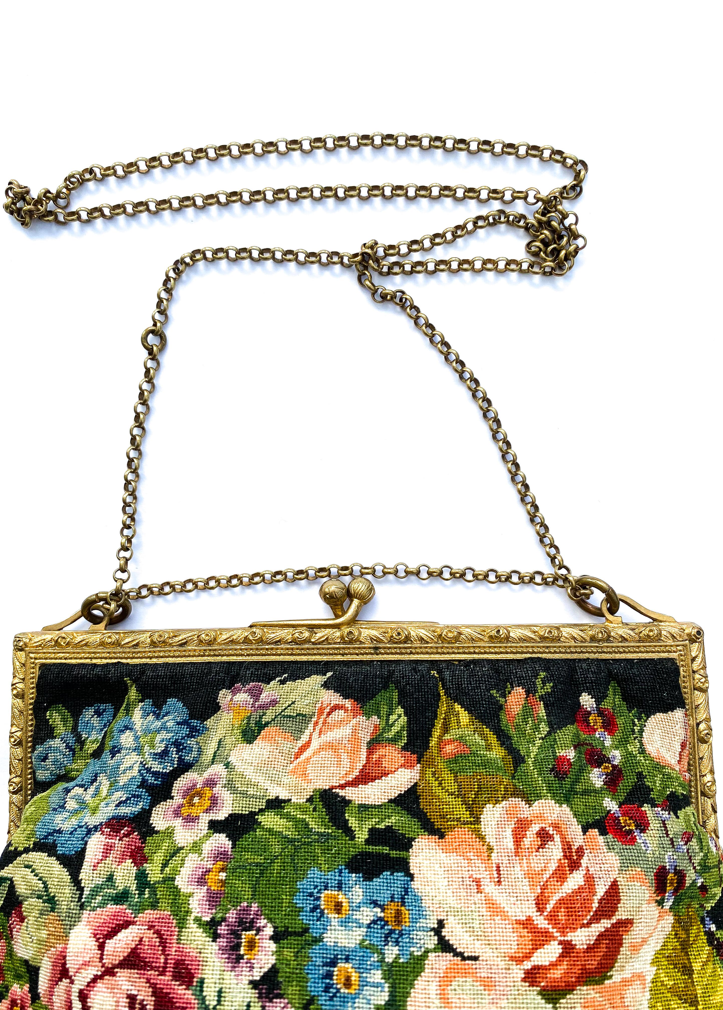 A charming fine petit point handbag, with a 'rose/floral' design, French, 1920s. For Sale 4