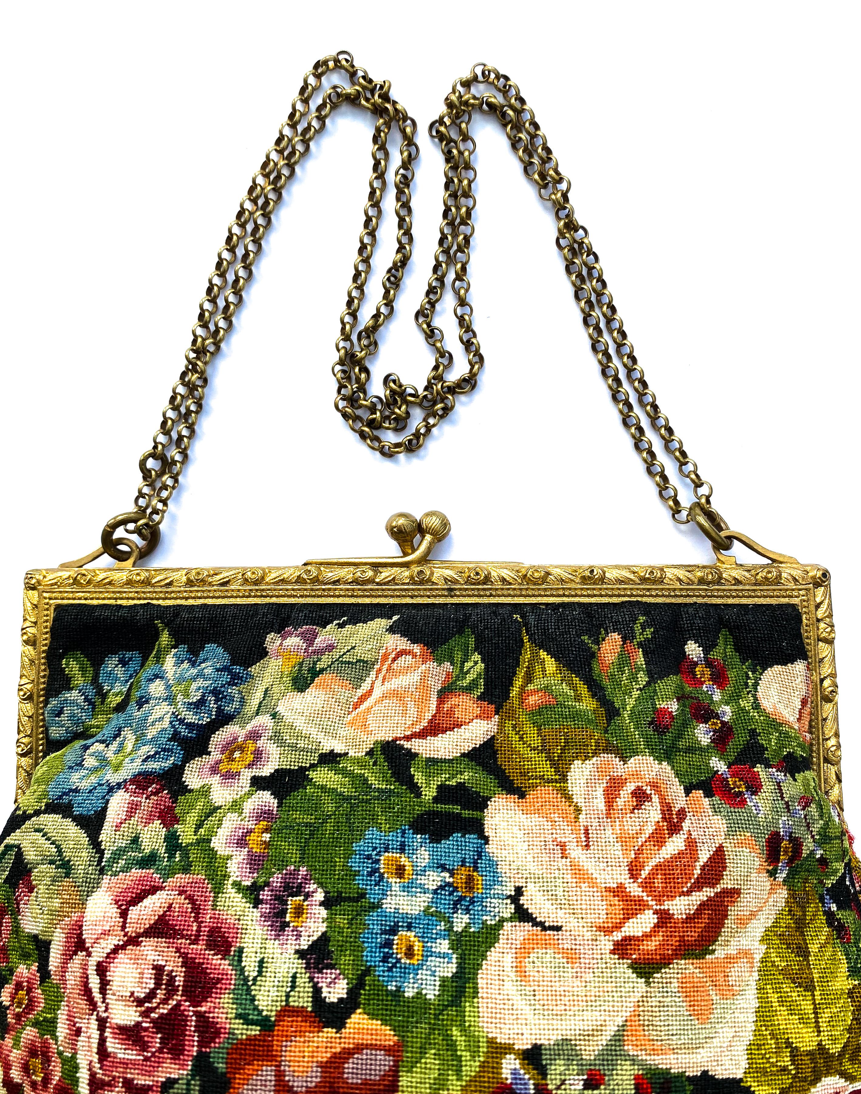 A charming fine petit point handbag, with a 'rose/floral' design, French, 1920s. For Sale 5