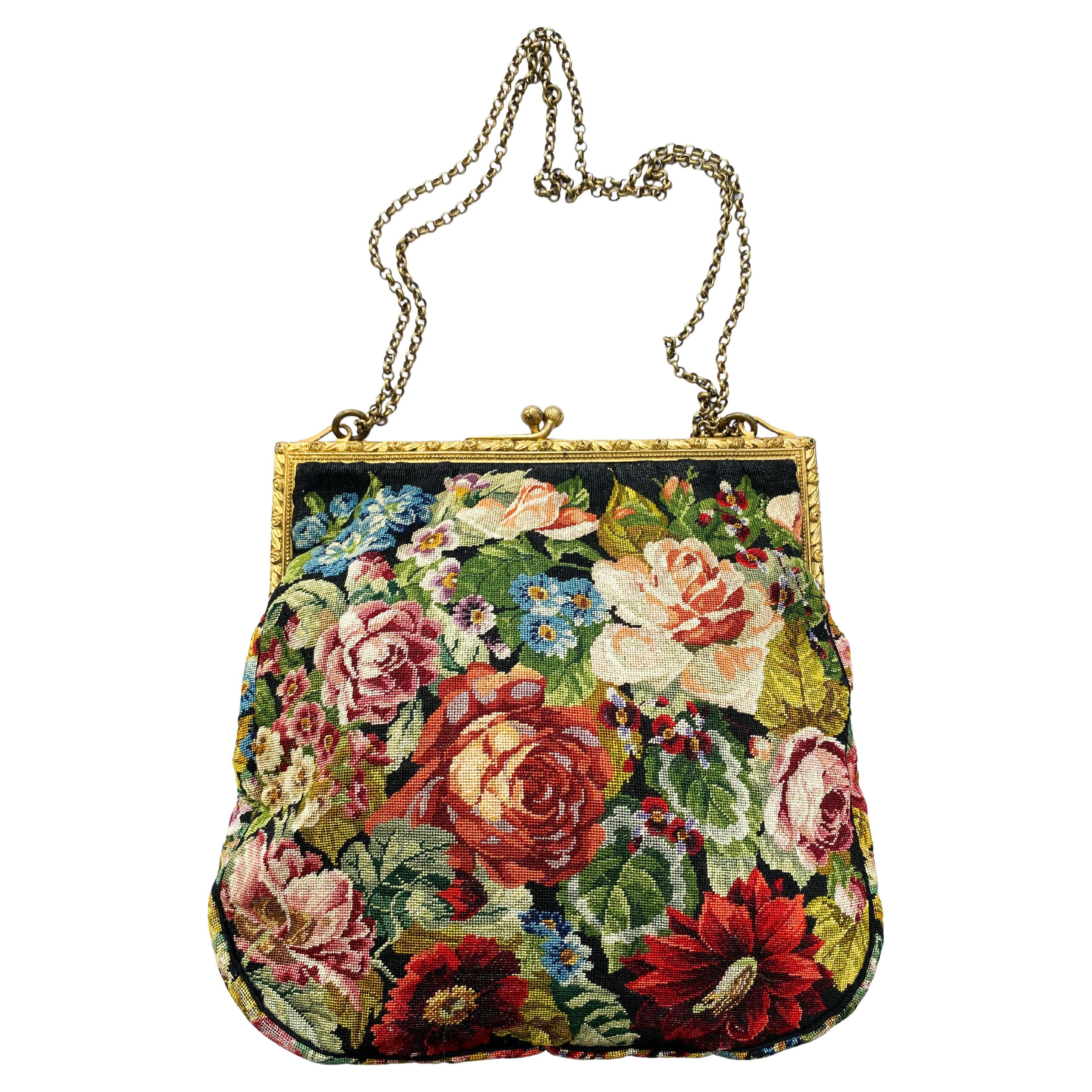 A charming fine petit point handbag, with a 'rose/floral' design, French, 1920s. For Sale