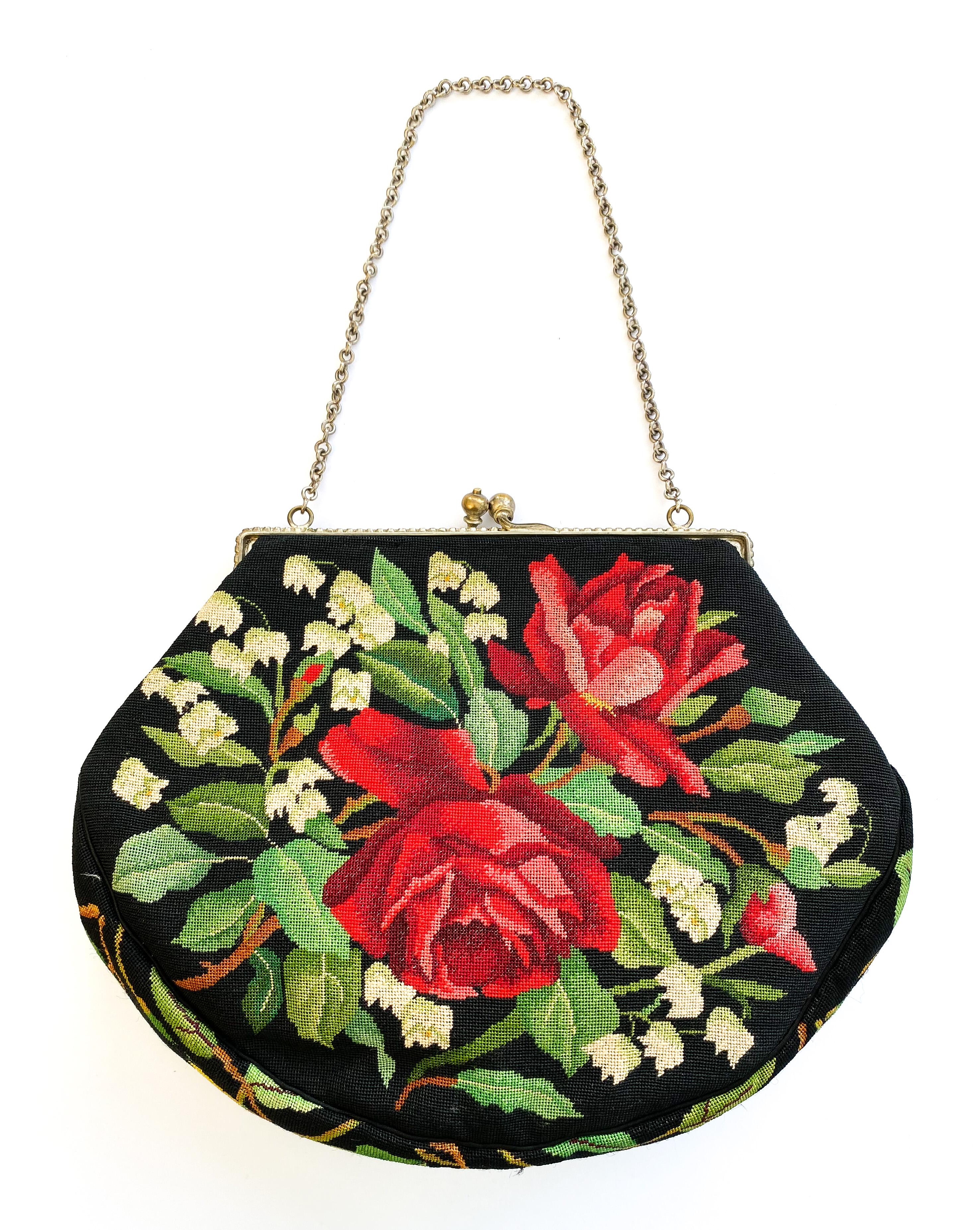 A charming fine petitpoint handbag with lily of the valley motif, France 1930s 2