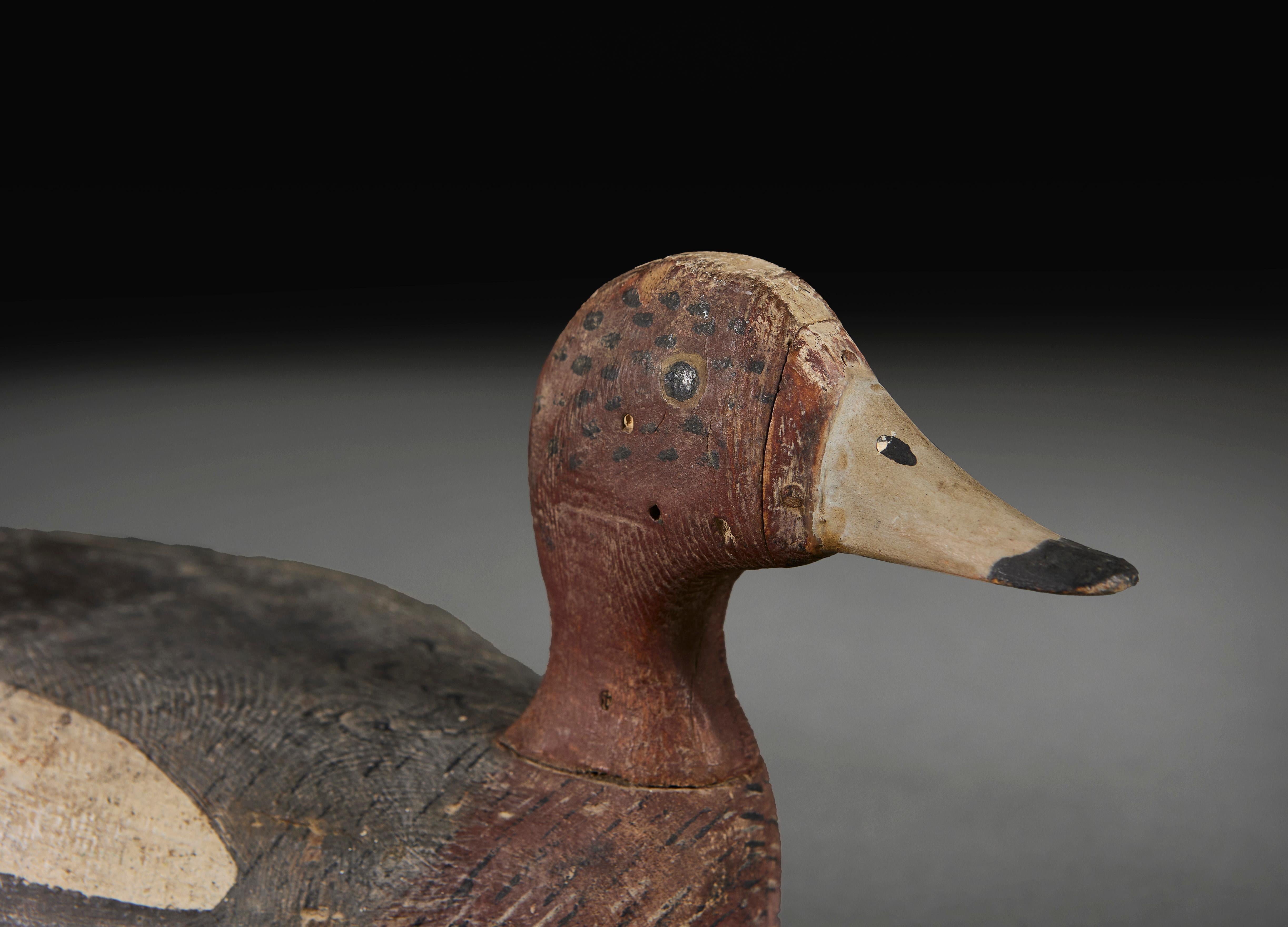 England, circa 1900

An English folk art wooden decoy duck, with original paintwork in red umber and charcoal grey.

Height  15.00cm
Width   35.00cm
Depth   15.00cm