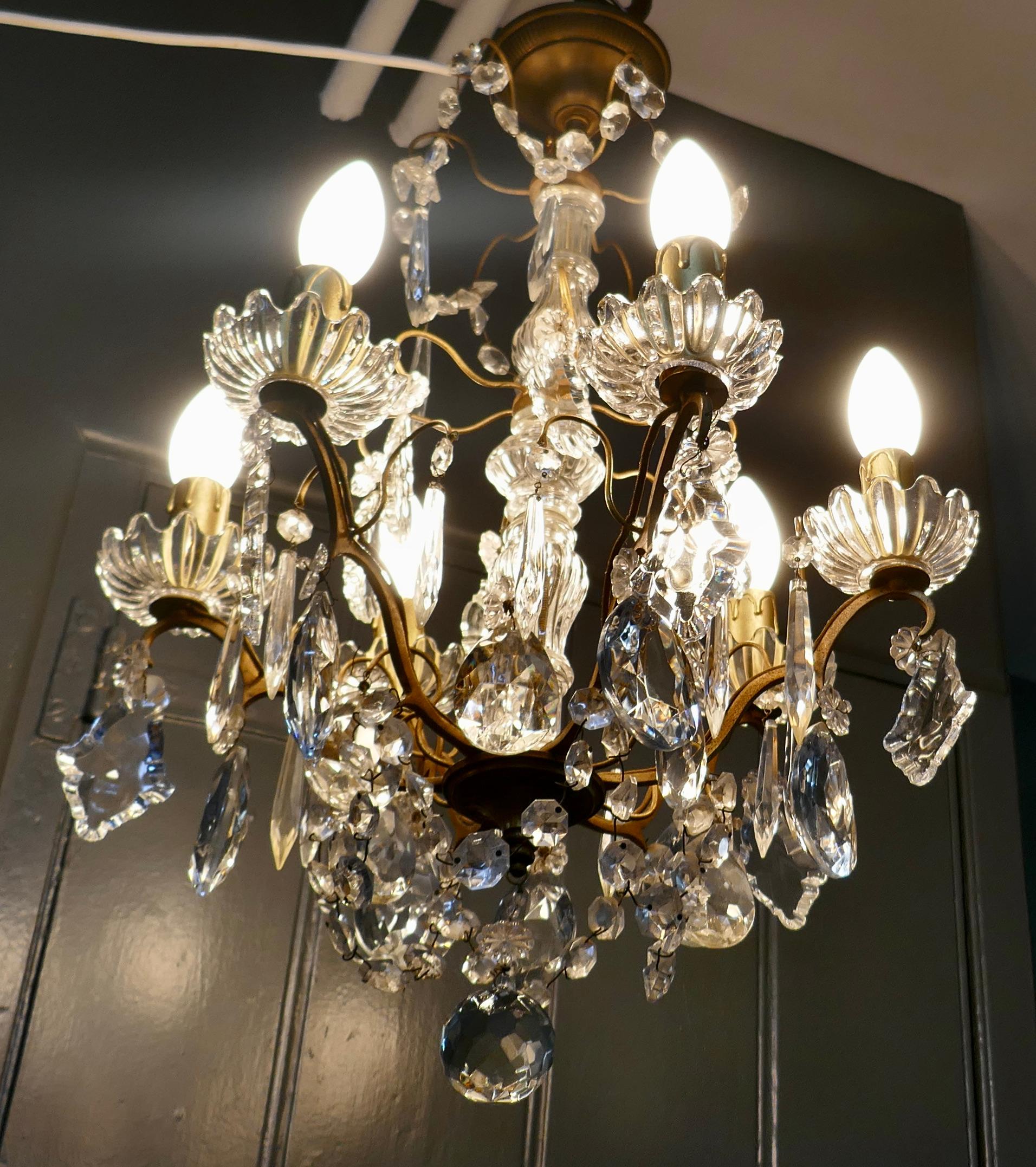 Charming French Crystal 6 Branch Brass Chandelier In Good Condition For Sale In Chillerton, Isle of Wight