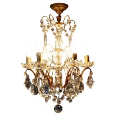 Antique Charming French Crystal 6 Branch Brass Chandelier