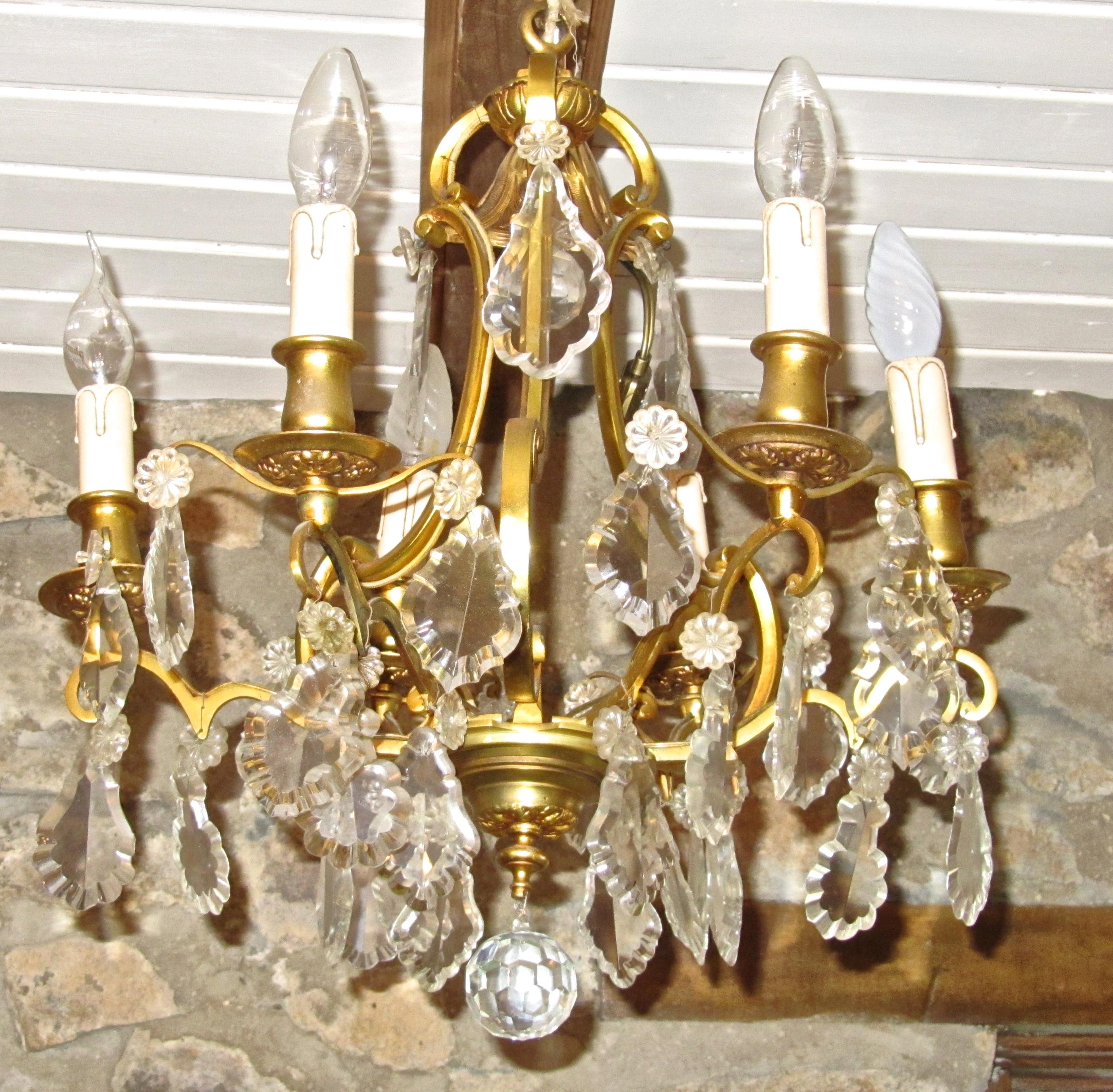 20th Century Charming French Cut Glass and Brass 6 Branch Chandelier For Sale