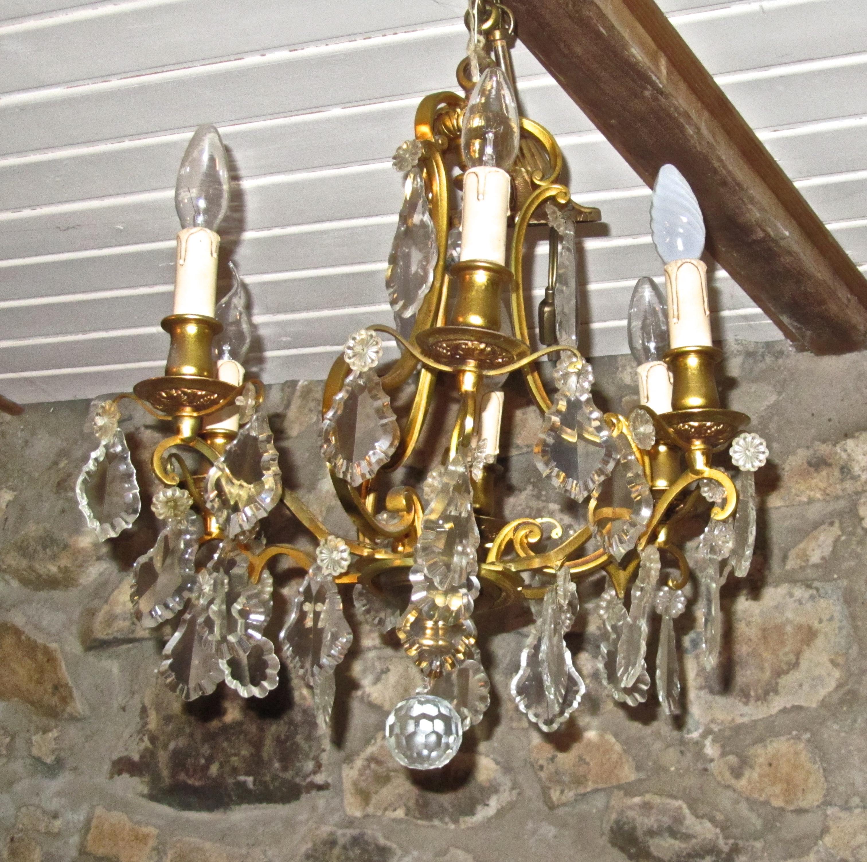 Charming French Cut Glass and Brass 6 Branch Chandelier For Sale 1