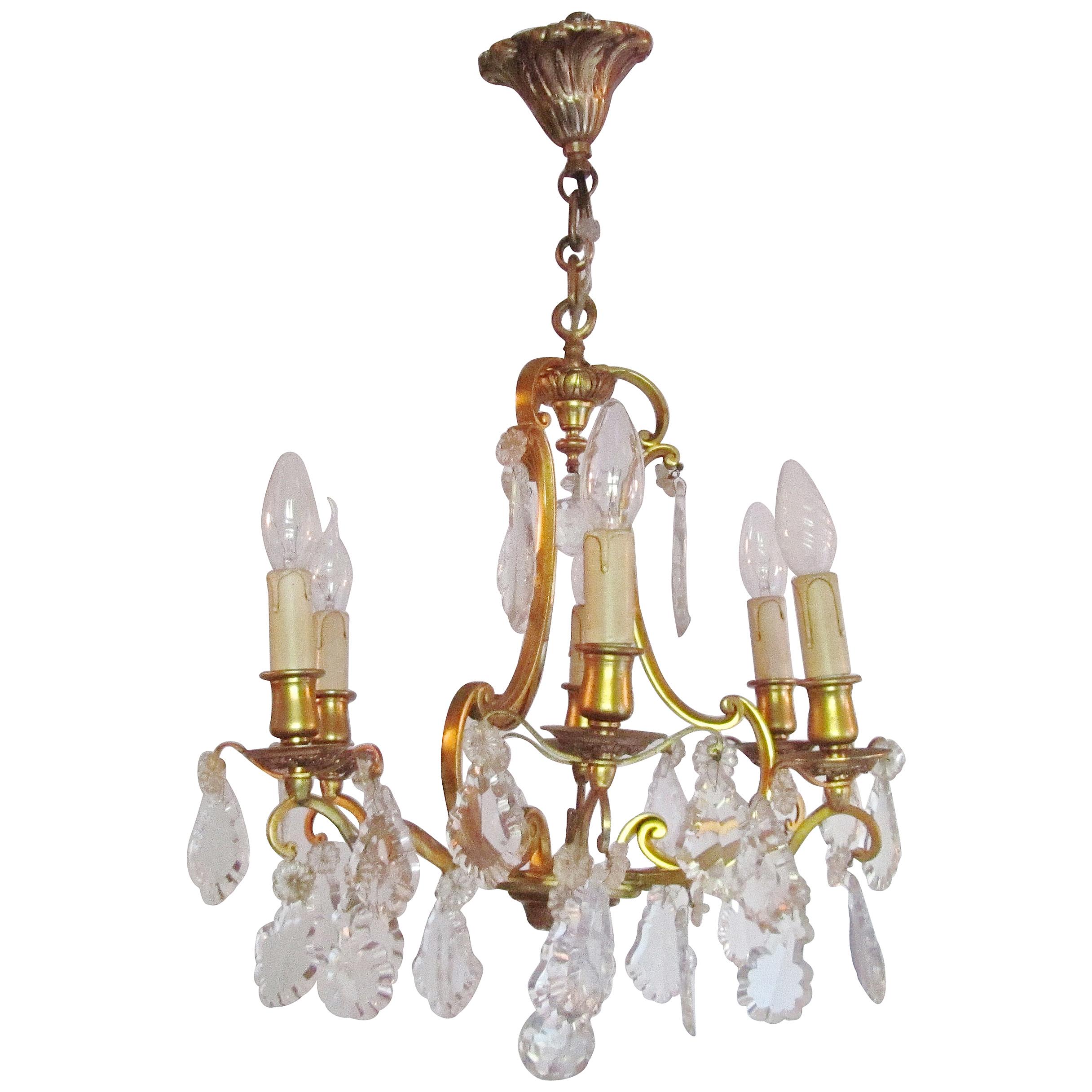 Charming French Cut Glass and Brass 6 Branch Chandelier For Sale