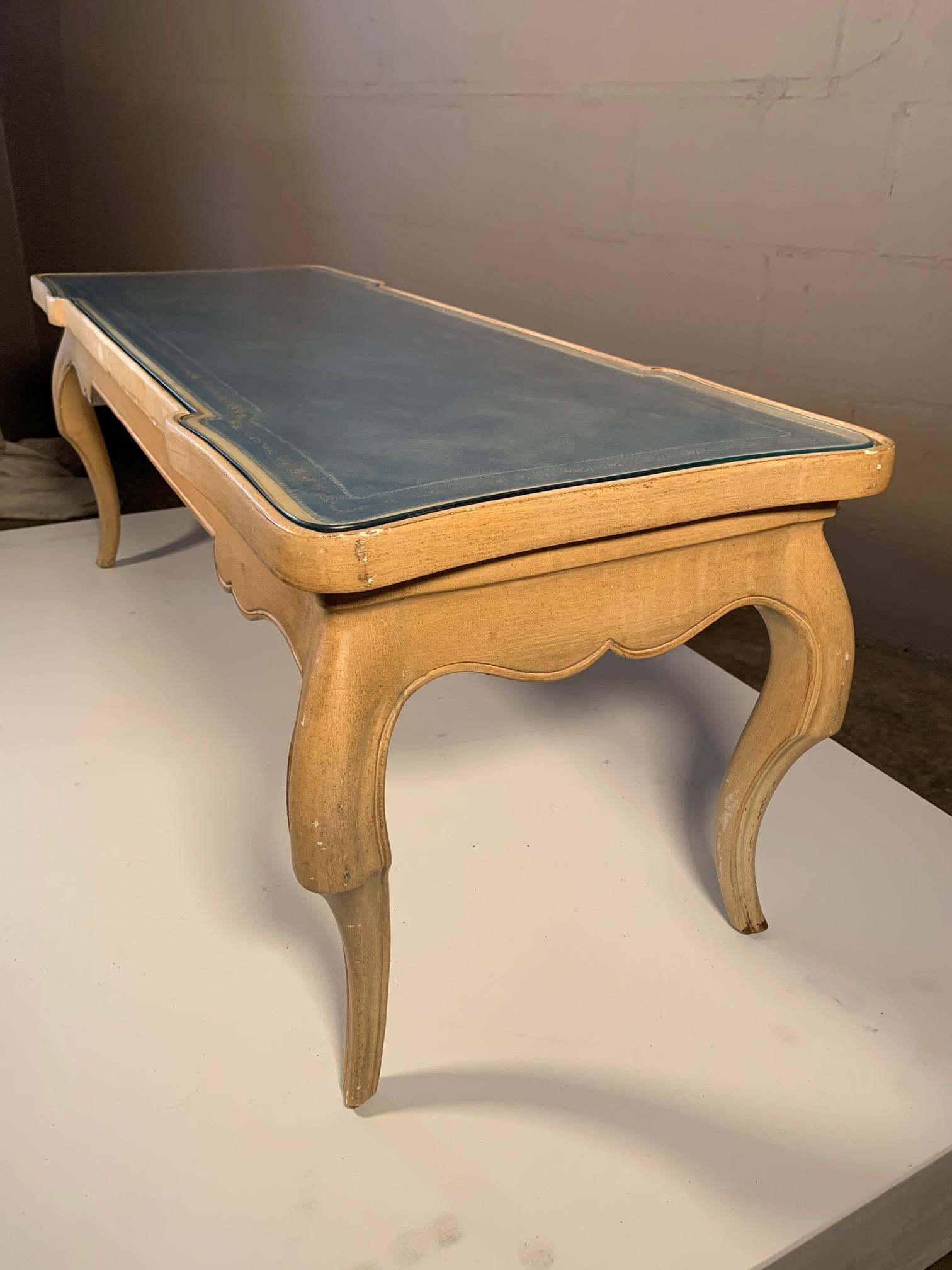 Charming French Provincial Coffee Table with Blue Leather Top 1