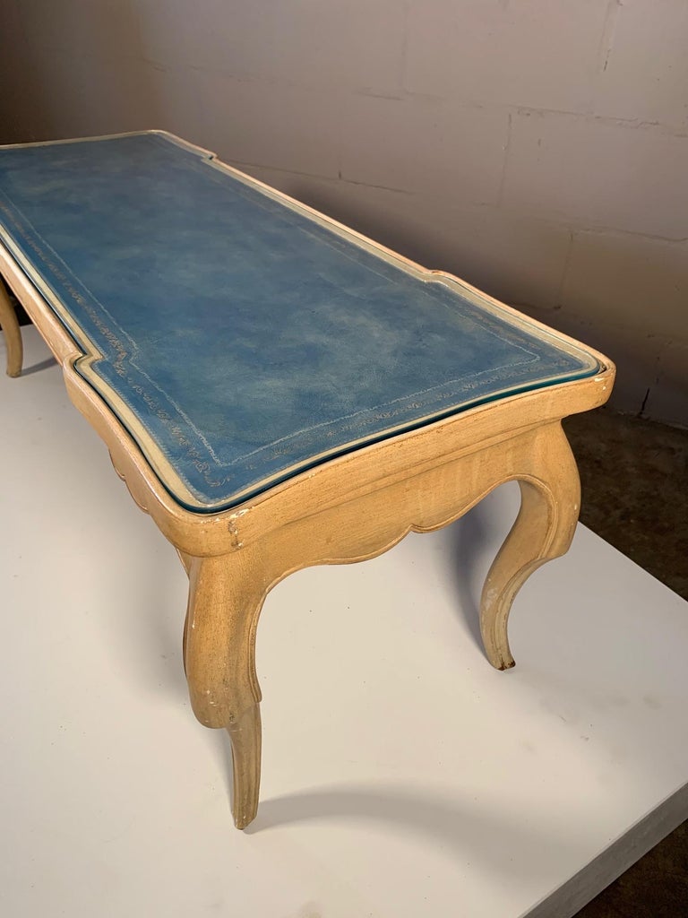 Charming French Provincial Coffee Table with Blue Leather Top at