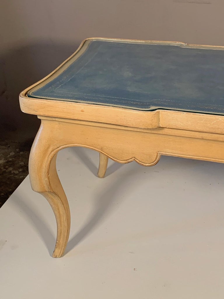 Charming French Provincial Coffee Table with Blue Leather Top at