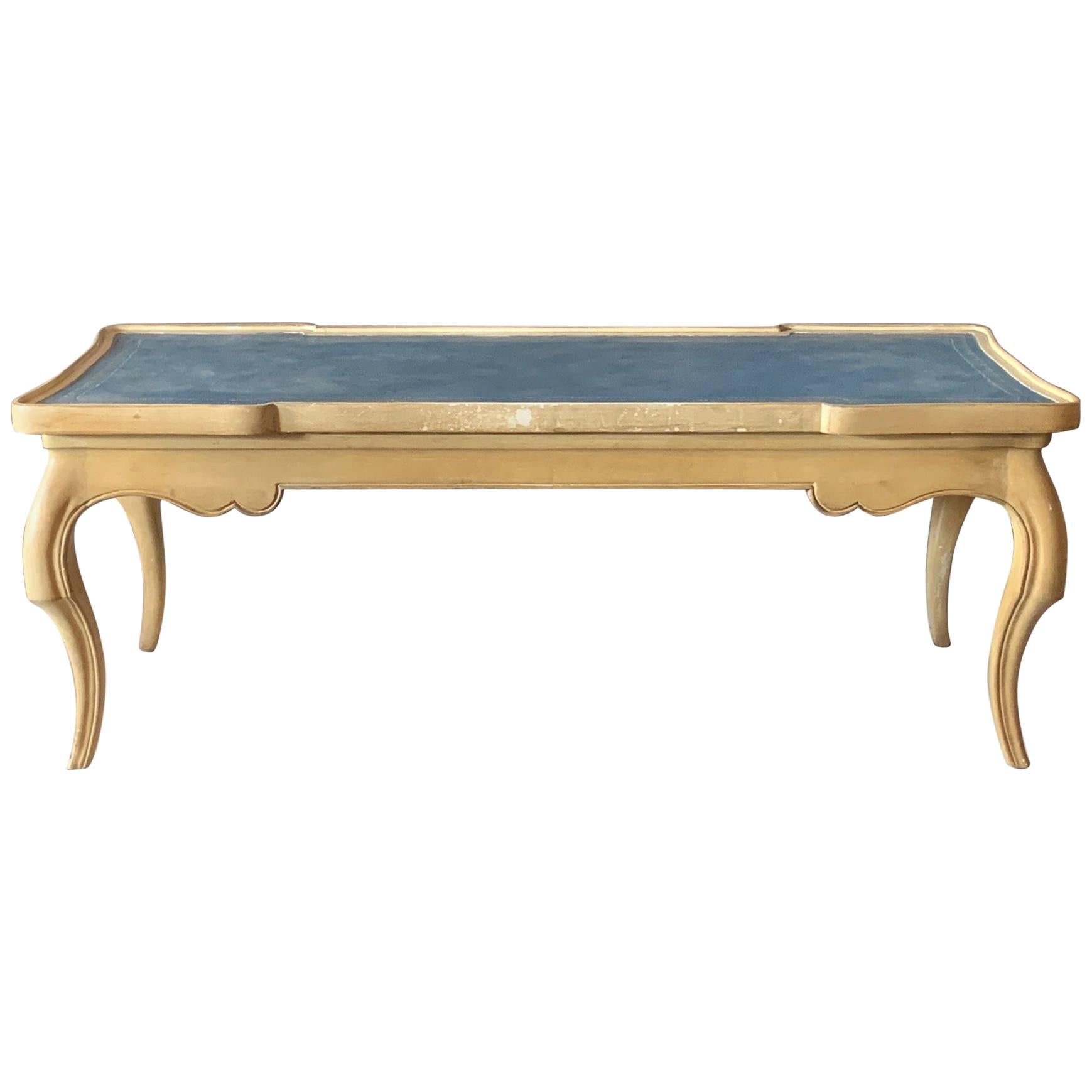 Charming French Provincial Coffee Table with Blue Leather Top