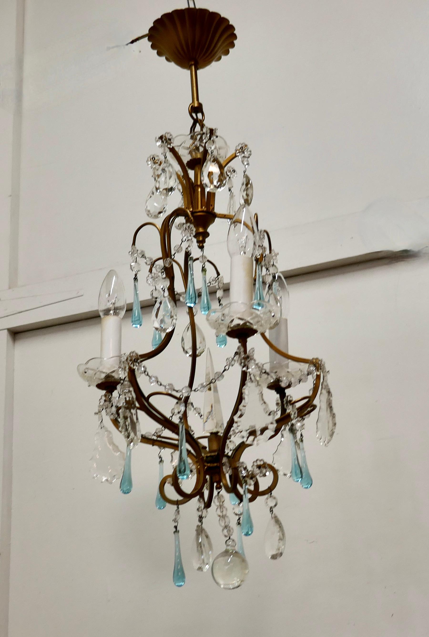 Charming French Turquoise Crystal and Brass Chandelier 5