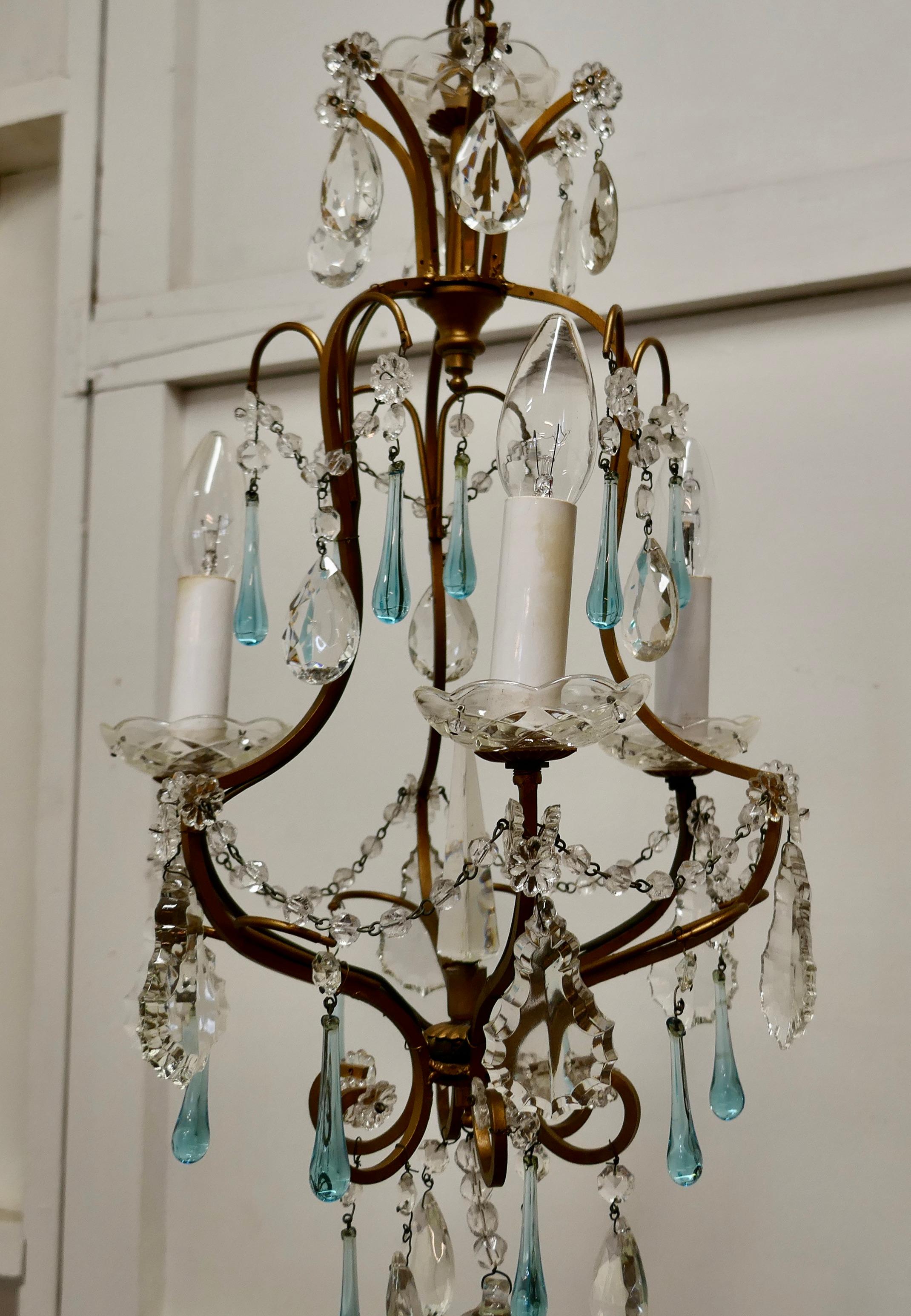 Charming French Turquoise Crystal and Brass Chandelier 6