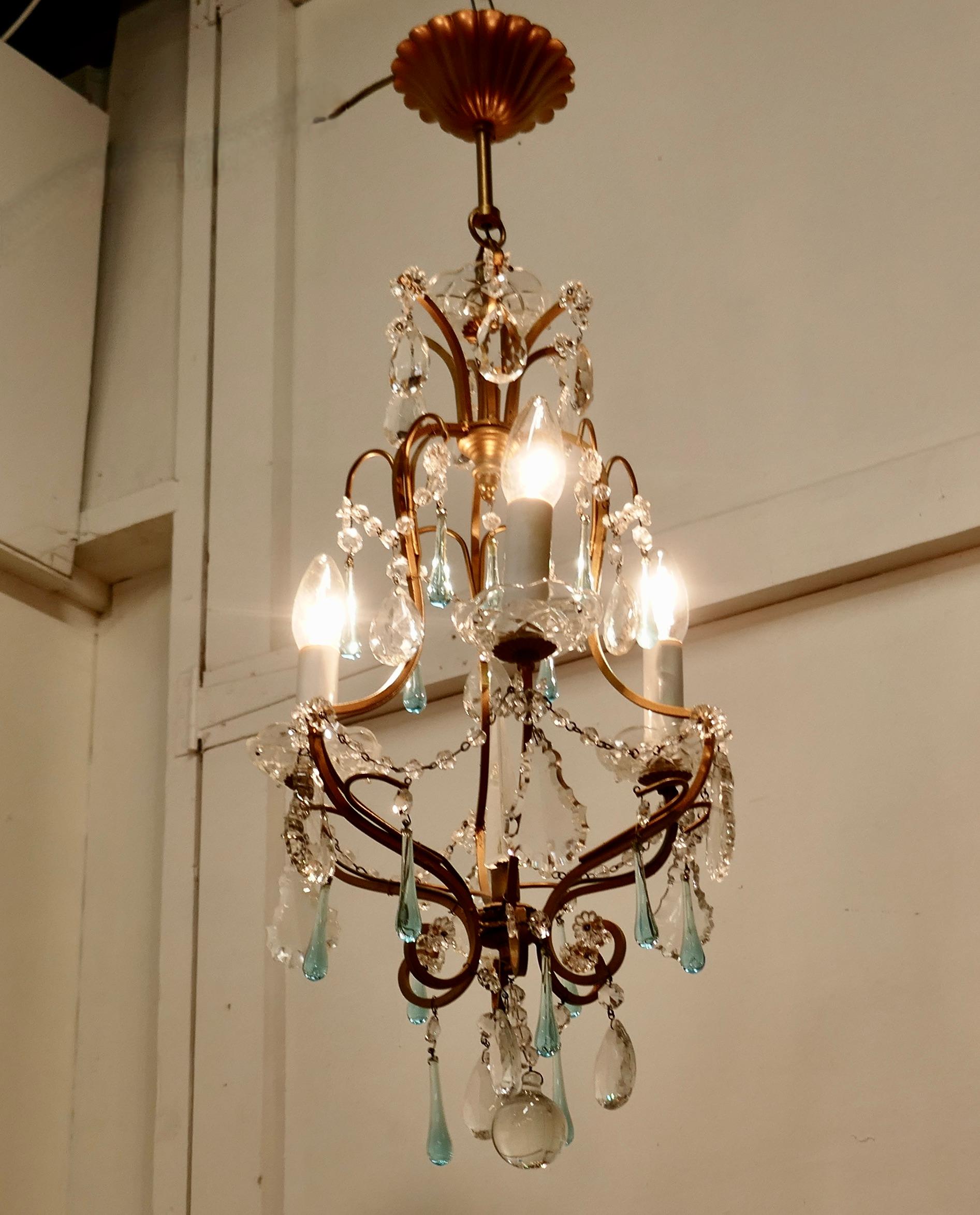Belle Époque Charming French Turquoise Crystal and Brass Chandelier