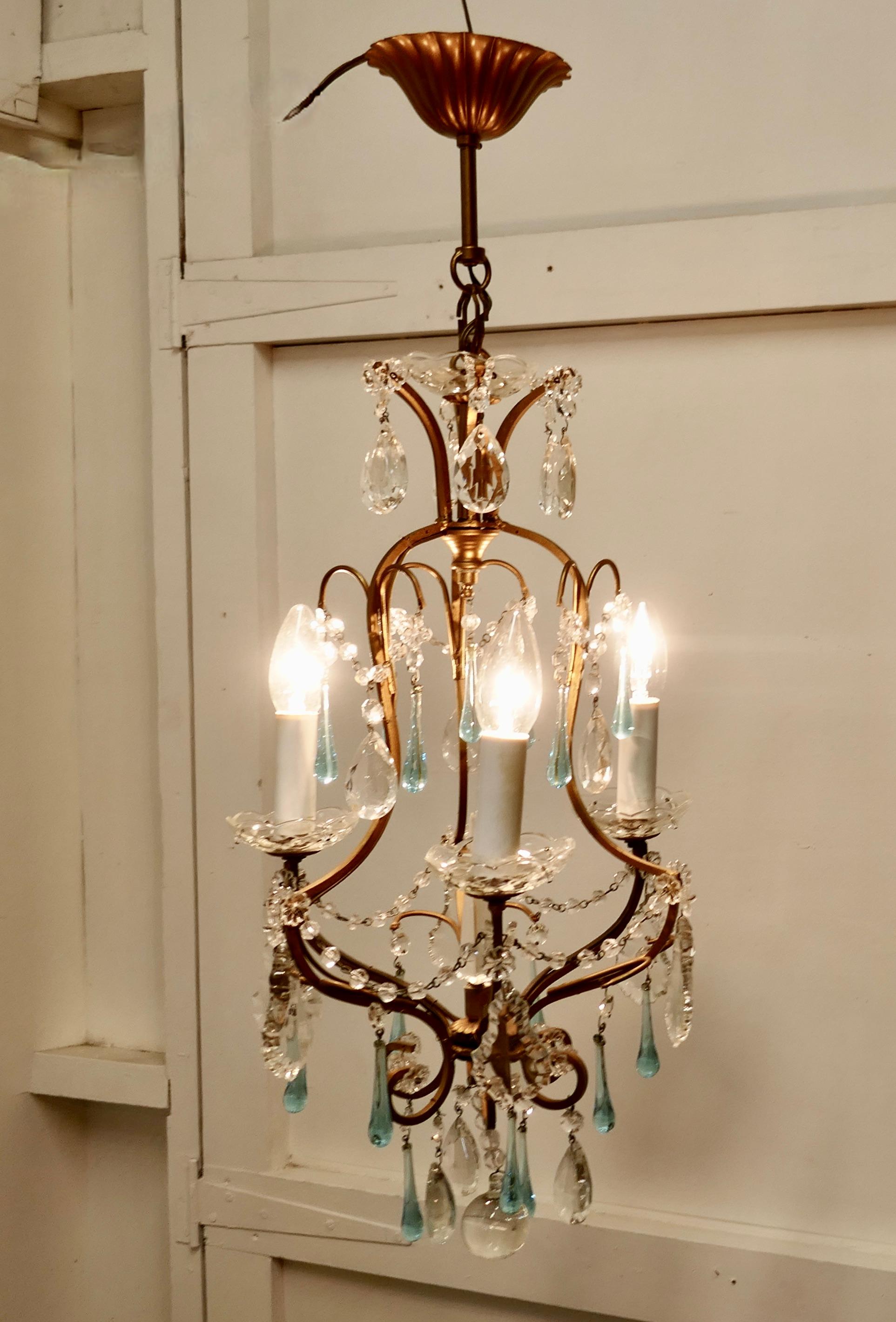 Charming French Turquoise Crystal and Brass Chandelier In Good Condition In Chillerton, Isle of Wight
