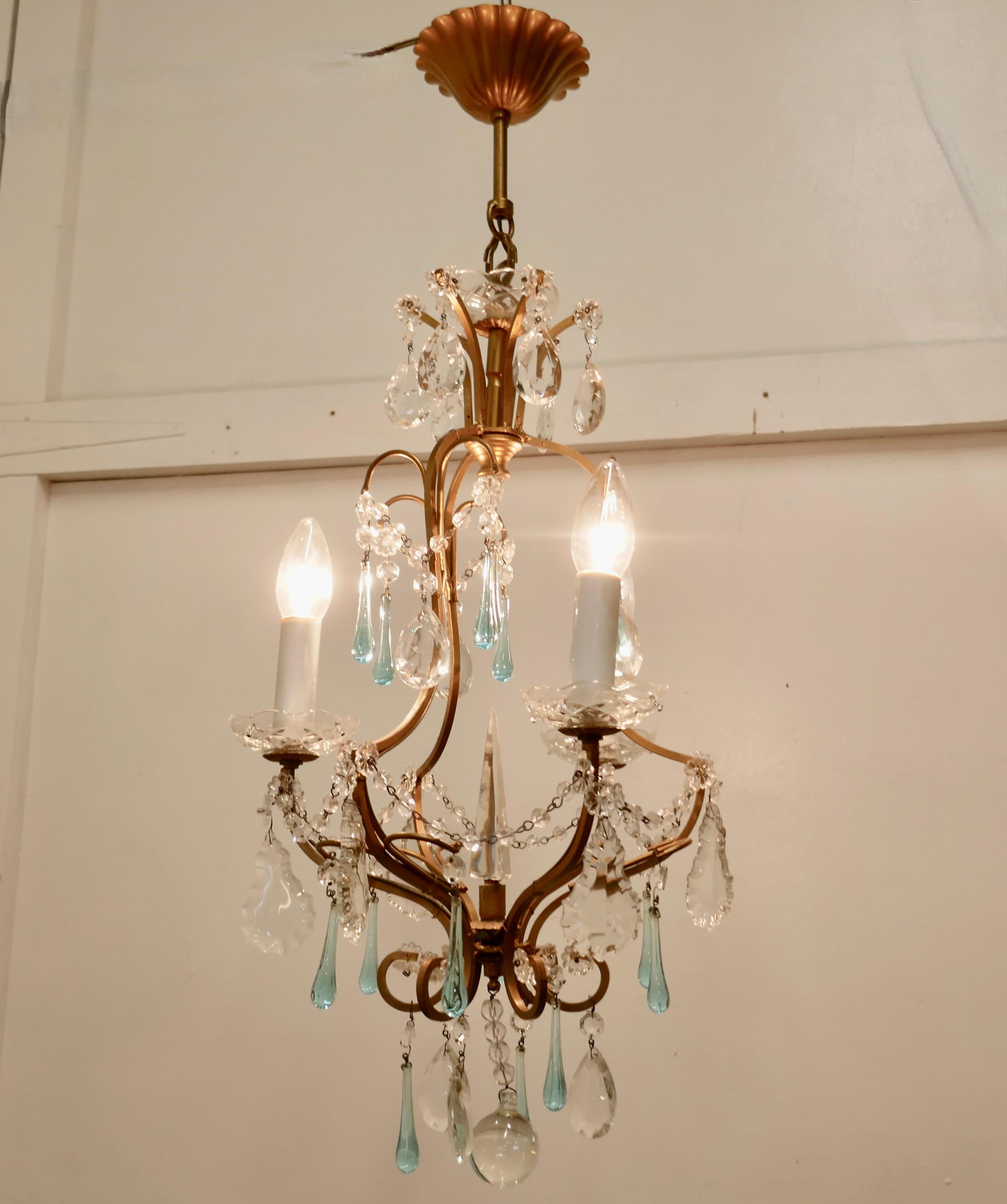 20th Century Charming French Turquoise Crystal and Brass Chandelier