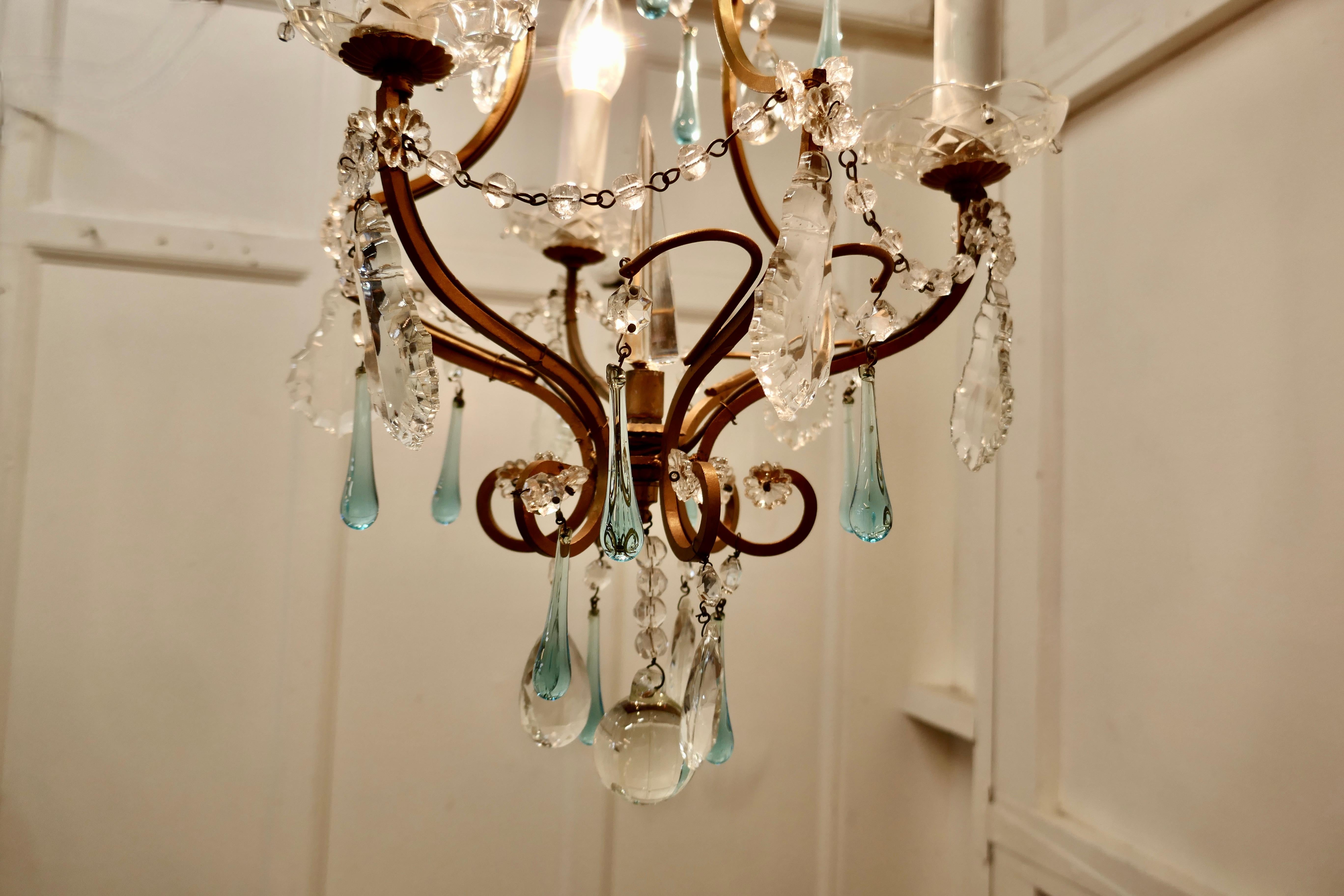 Charming French Turquoise Crystal and Brass Chandelier 2