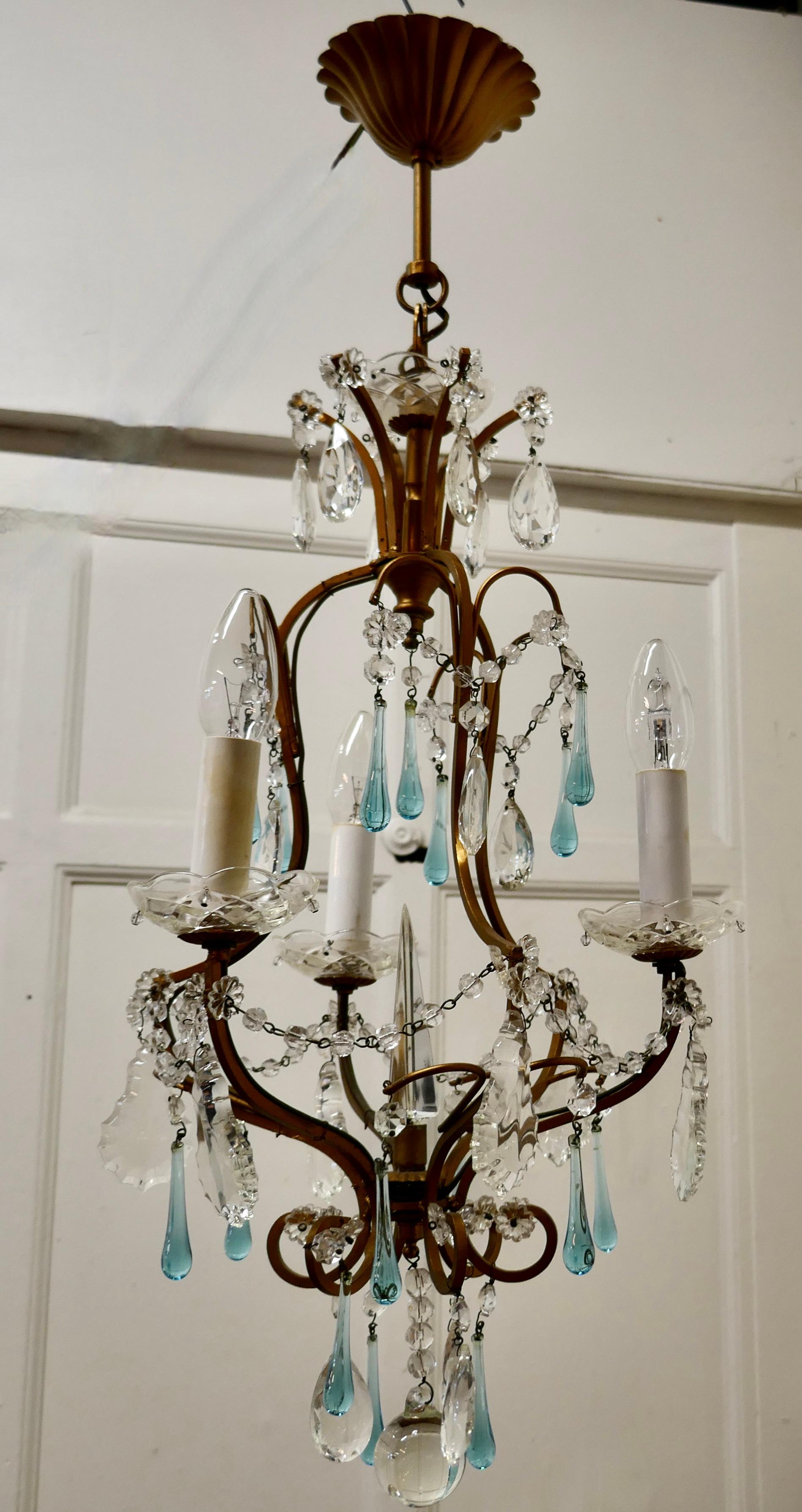 Charming French Turquoise Crystal and Brass Chandelier 4