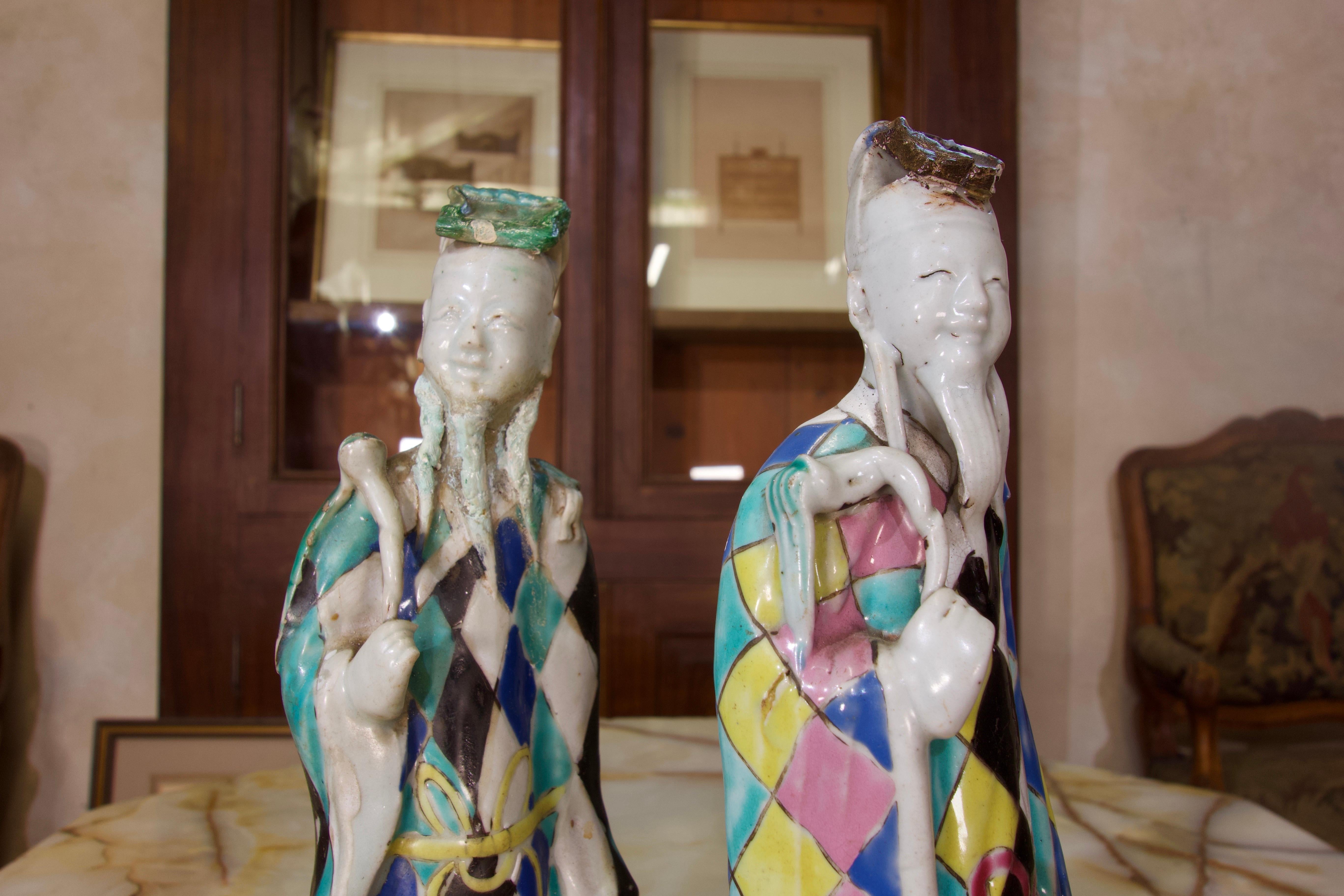 18th Century and Earlier Charming Near Pair of 18th Century Chinese Export Immortals, Harlequin
