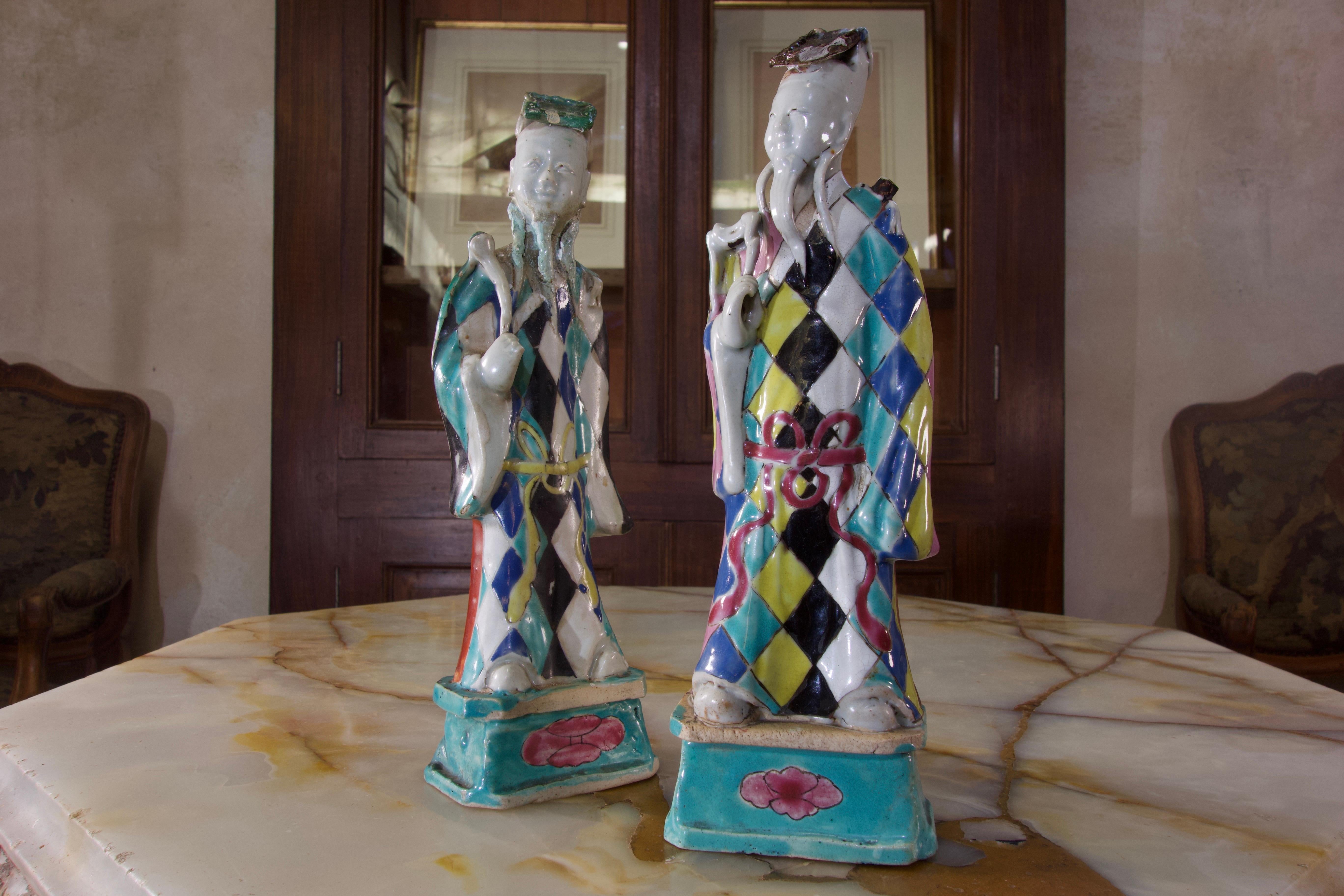 Charming Near Pair of 18th Century Chinese Export Immortals, Harlequin 4