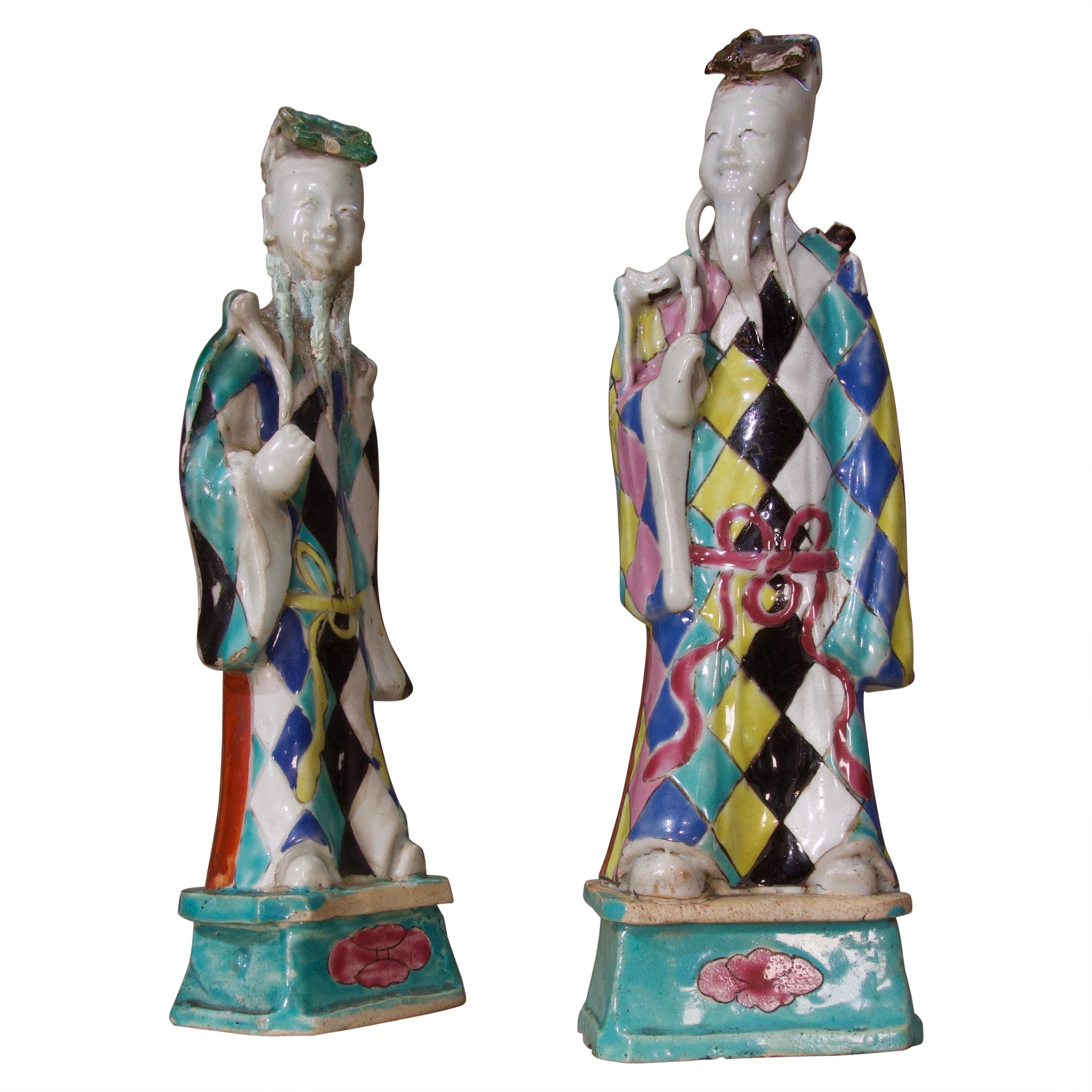 Charming Near Pair of 18th Century Chinese Export Immortals, Harlequin