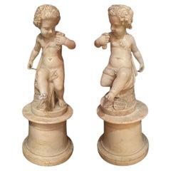 Charming Pair of Alabaster Italian Cupid Putti Sculptures, 19th Century