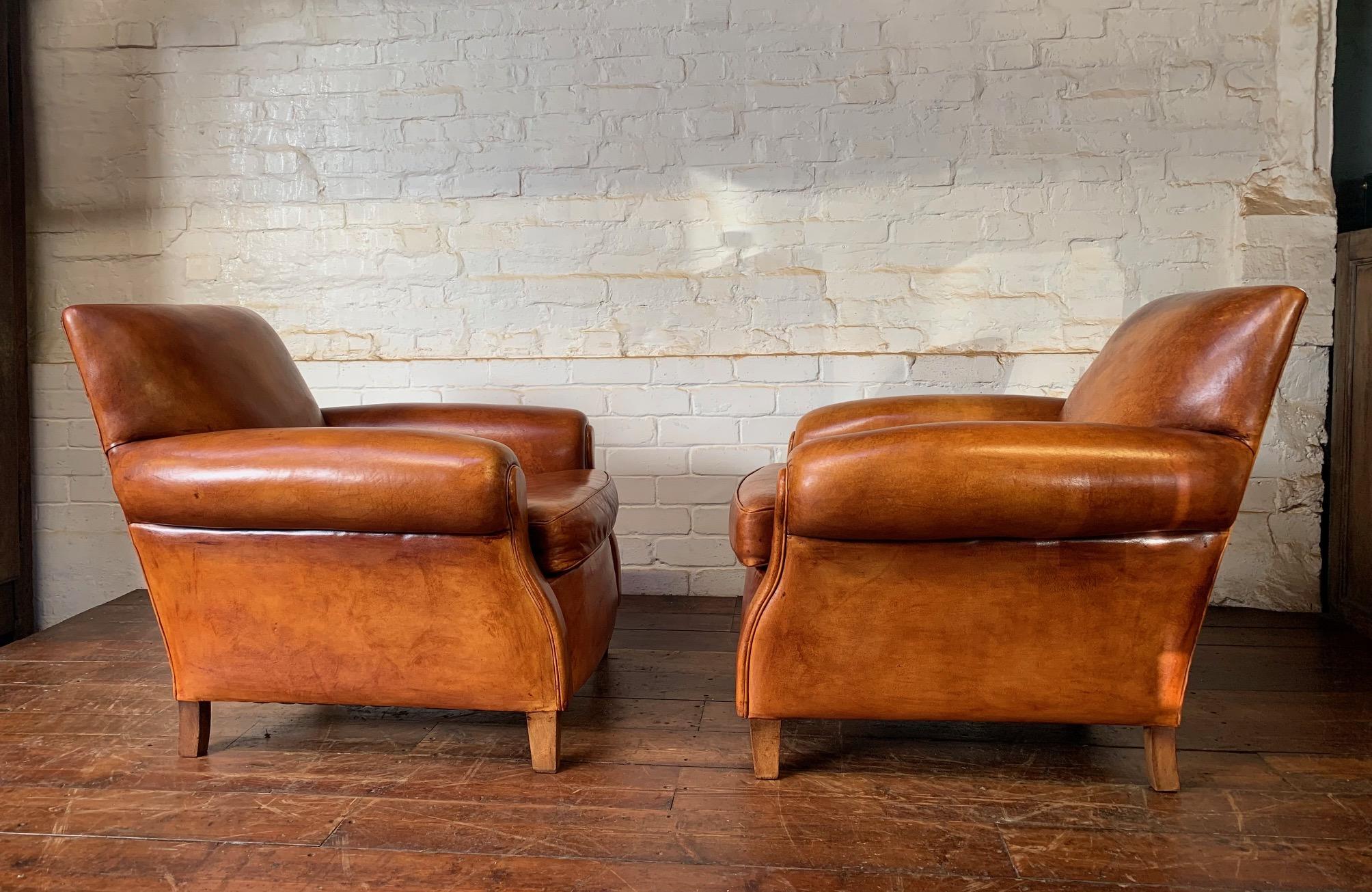 Art Deco A Charming Pair of English Leather Club Chairs Circa 1920’s