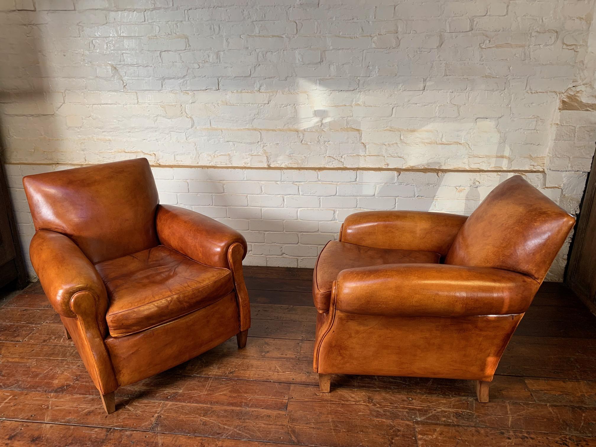 British A Charming Pair of English Leather Club Chairs Circa 1920’s