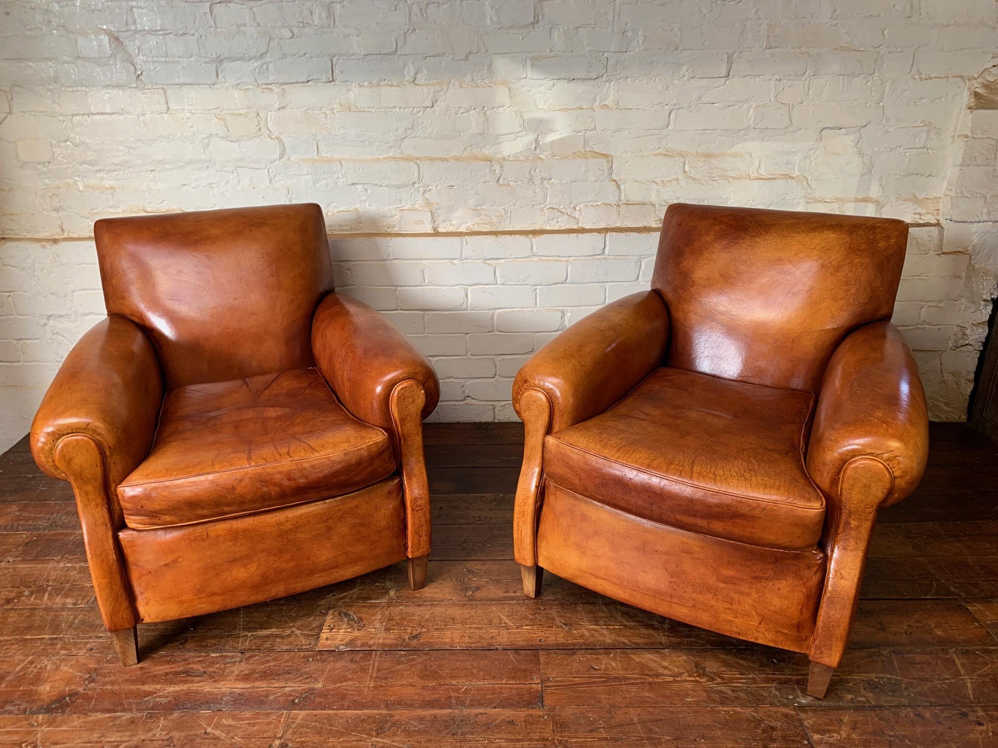 A Charming Pair of English Leather Club Chairs Circa 1920’s 1