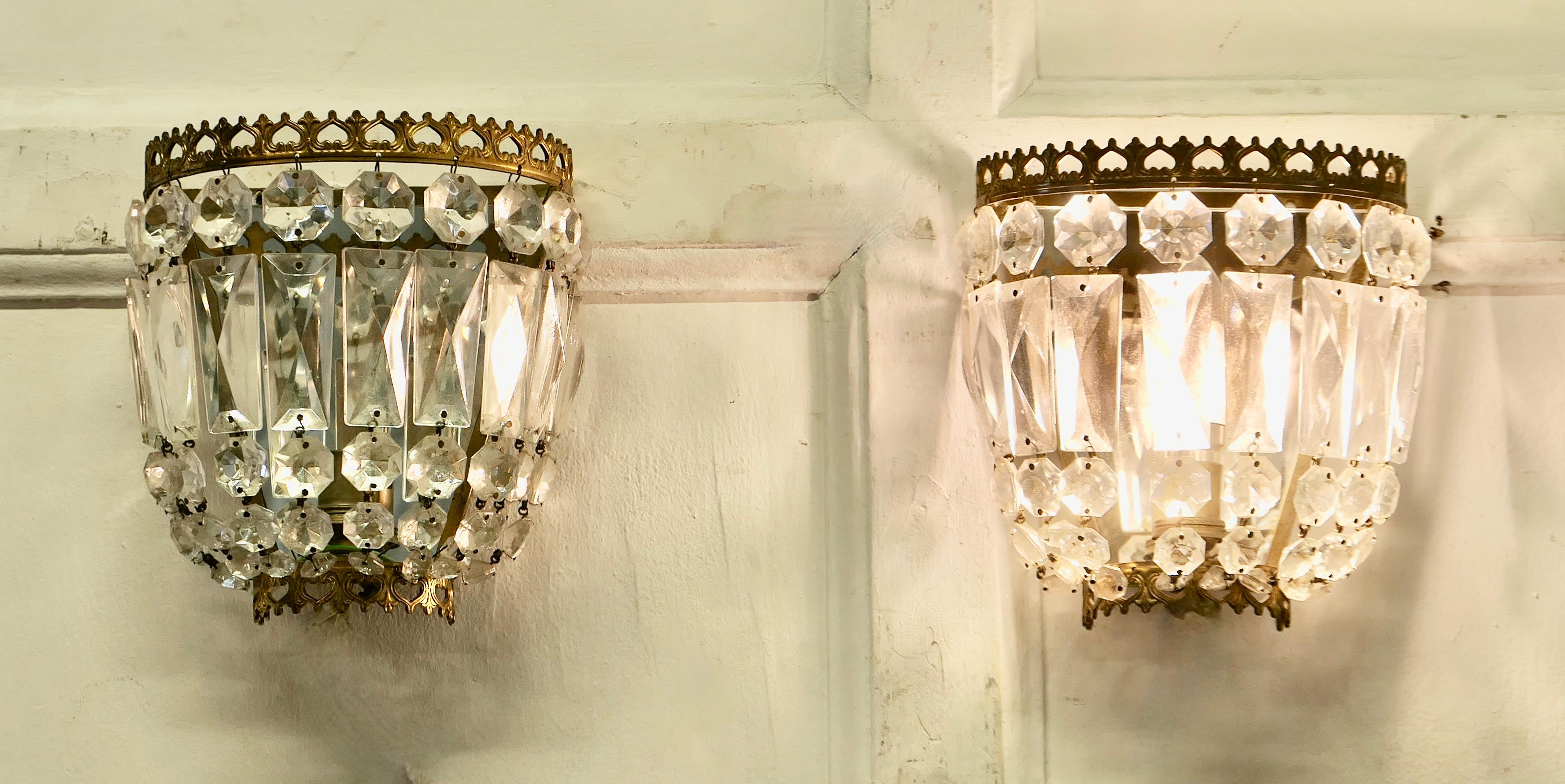 Glass A Charming Pair of French Basket Chandeliers Wall Appliqué