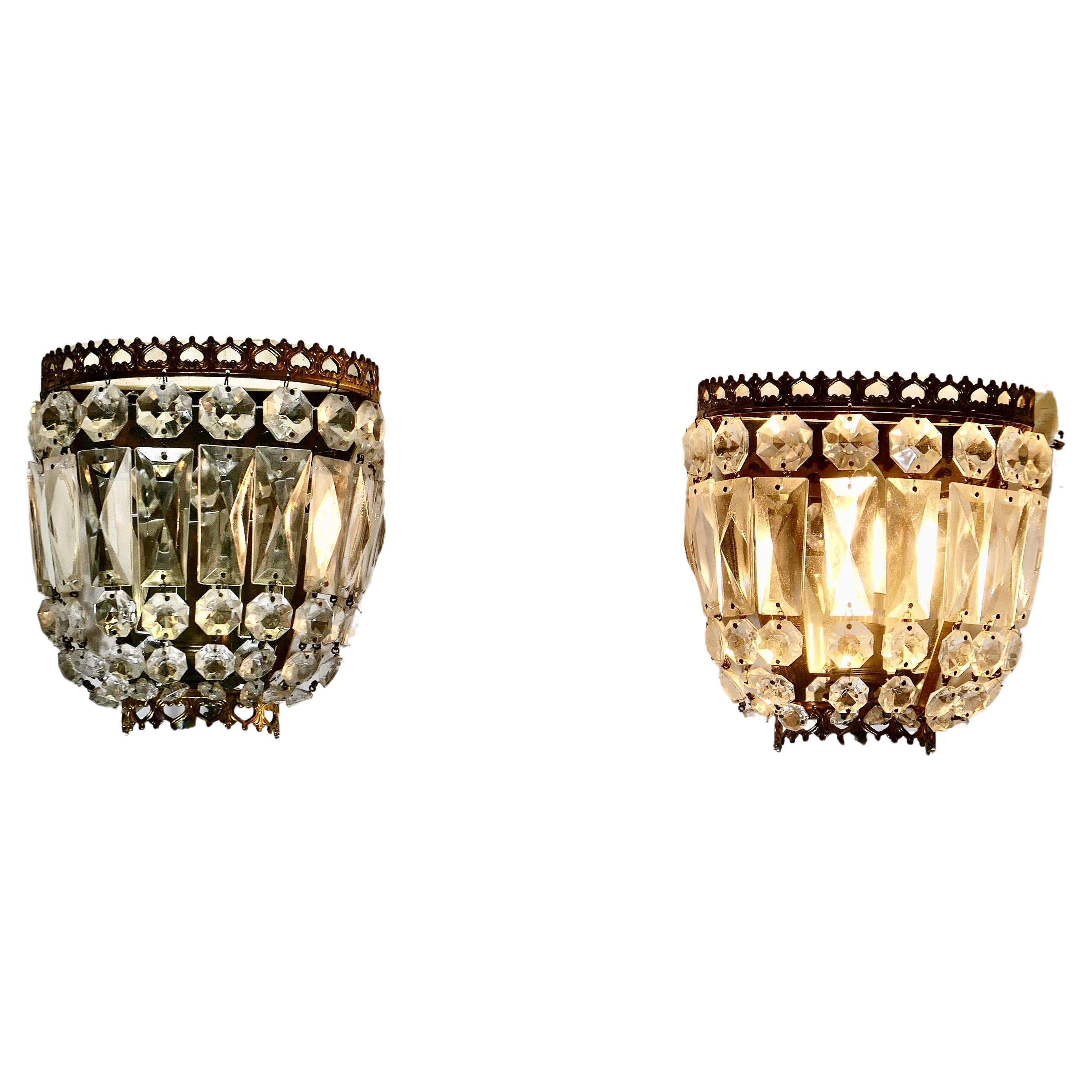 A Charming Pair of French Basket Chandeliers Wall Appliqué